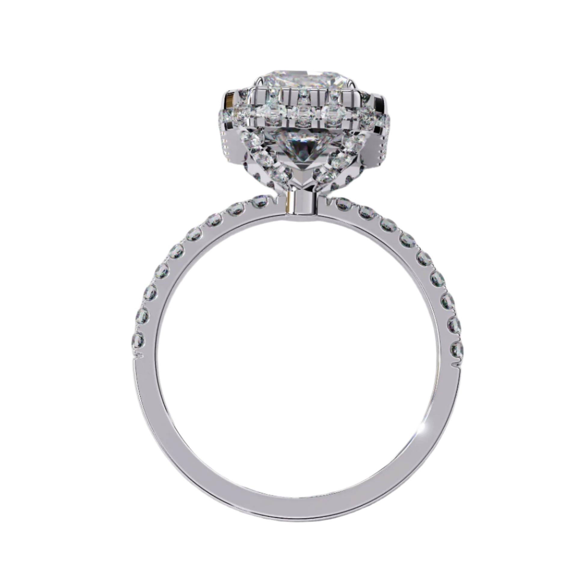 Aurelia — Emerald cut lab grown and natural diamond engagement ring — single halo, diamond prong setting, pavé band — Carat House