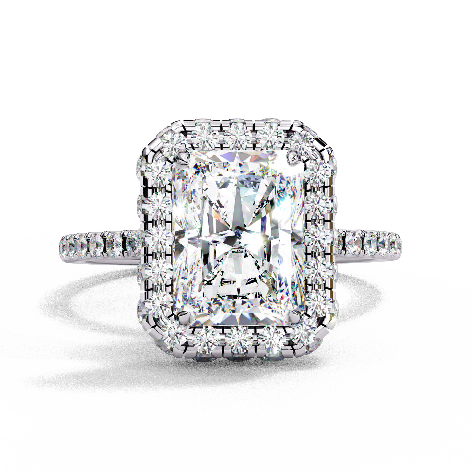 Camilla — Radiant cut lab grown and natural diamond engagement ring — single halo, diamond prong setting, pavé band — 18k white gold and platinum — Carat House