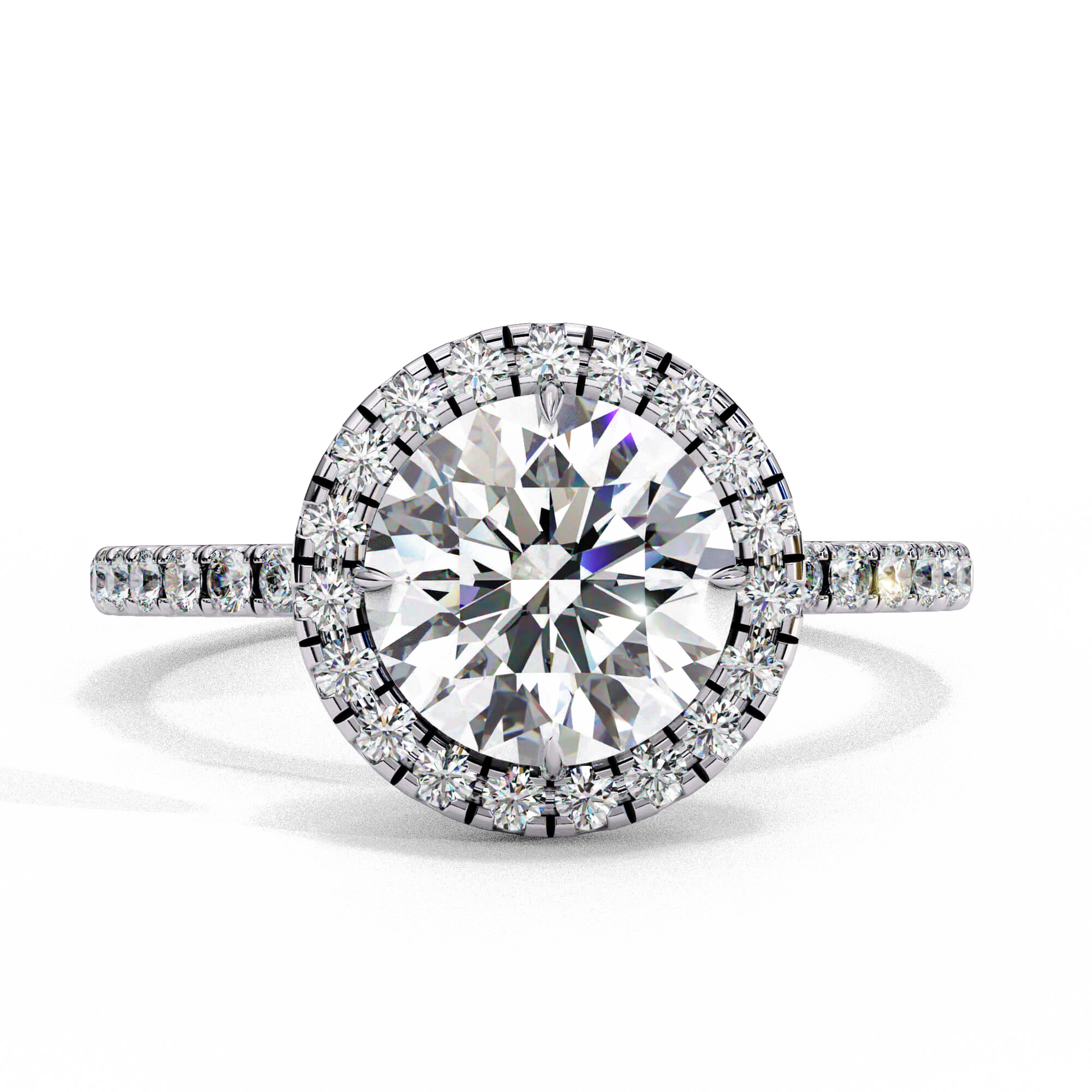 Cassandra — Round cut lab grown and natural diamond engagement ring — single halo, diamond prong setting, pavé band — 18k white gold and platinum — Carat House