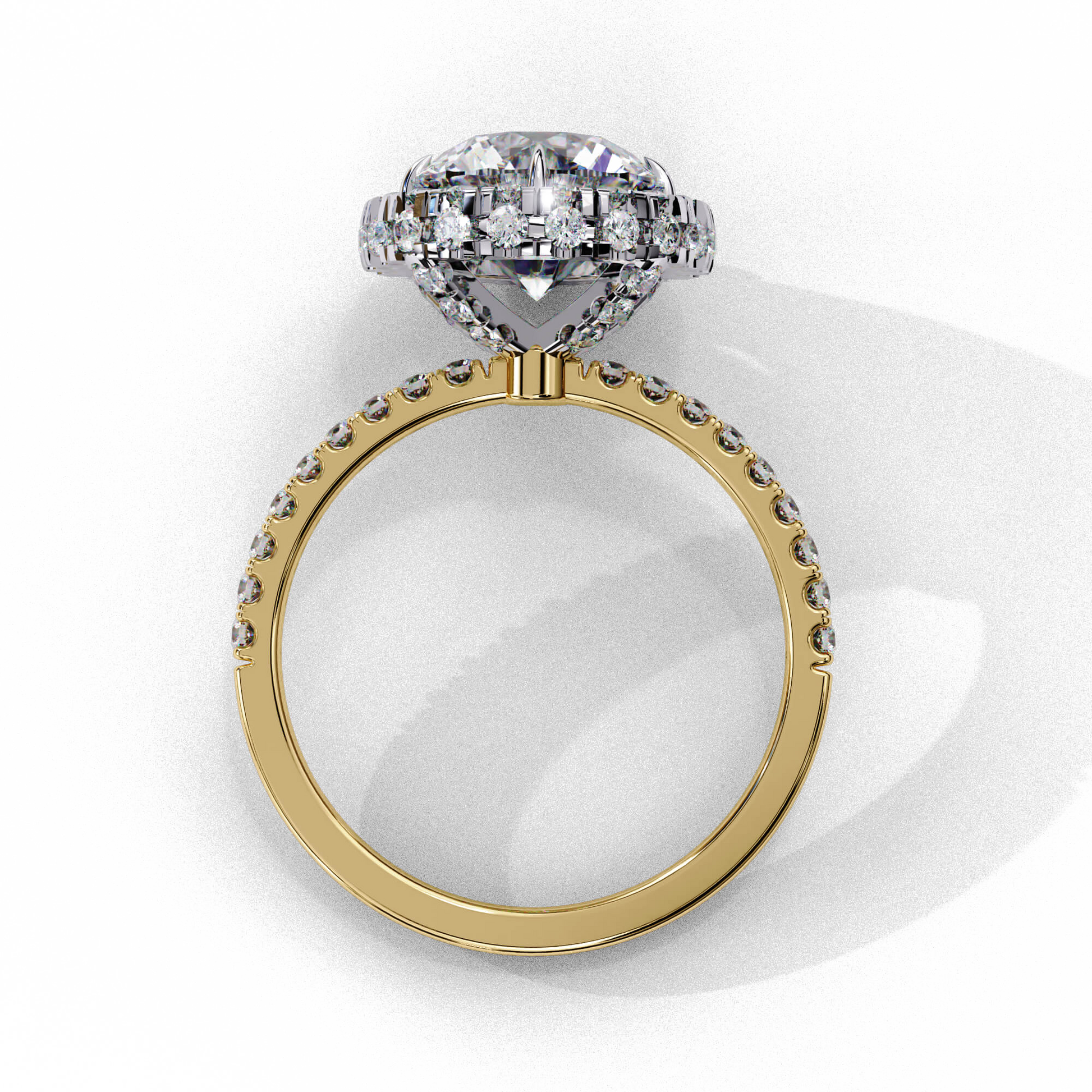 Cassandra — Round cut lab grown and natural diamond engagement ring — single halo, diamond prong setting, pavé band — Carat House