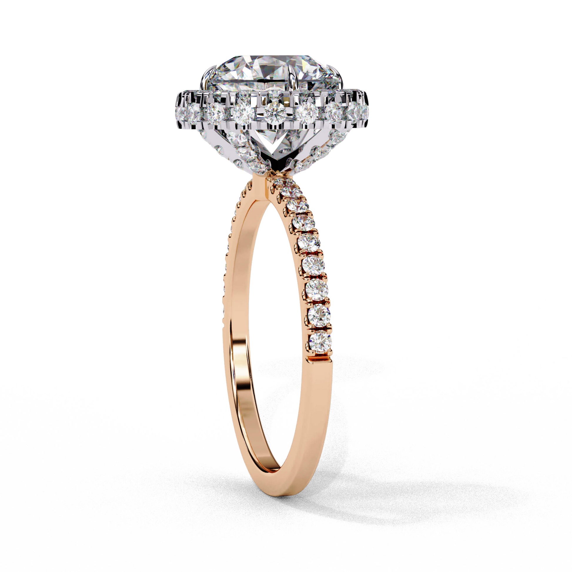 Cassandra — Round cut lab grown and natural diamond engagement ring — single halo, diamond prong setting, pavé band — Carat House