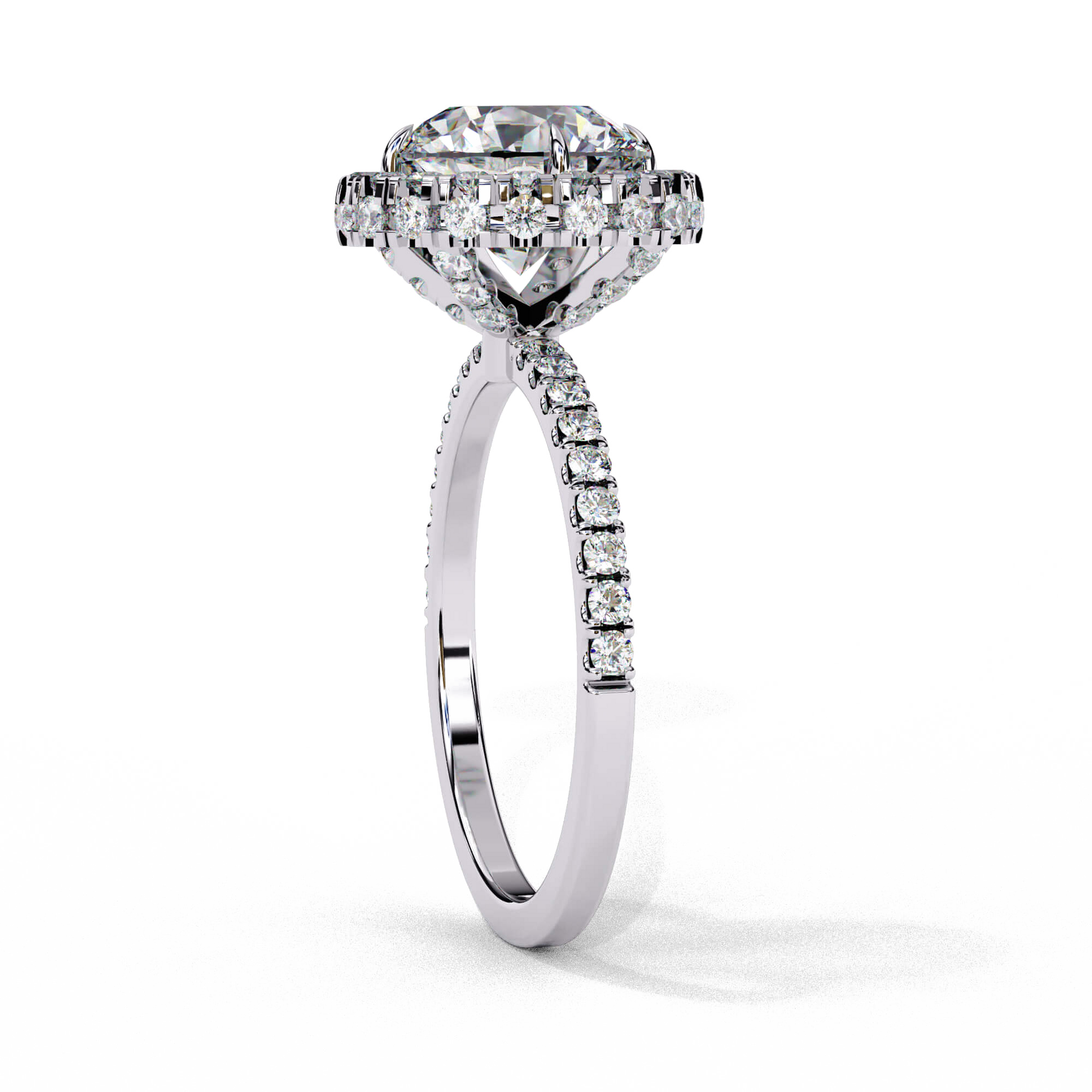 Cassandra — Round cut lab grown and natural diamond engagement ring — single halo, diamond prong setting, pavé band — Carat House