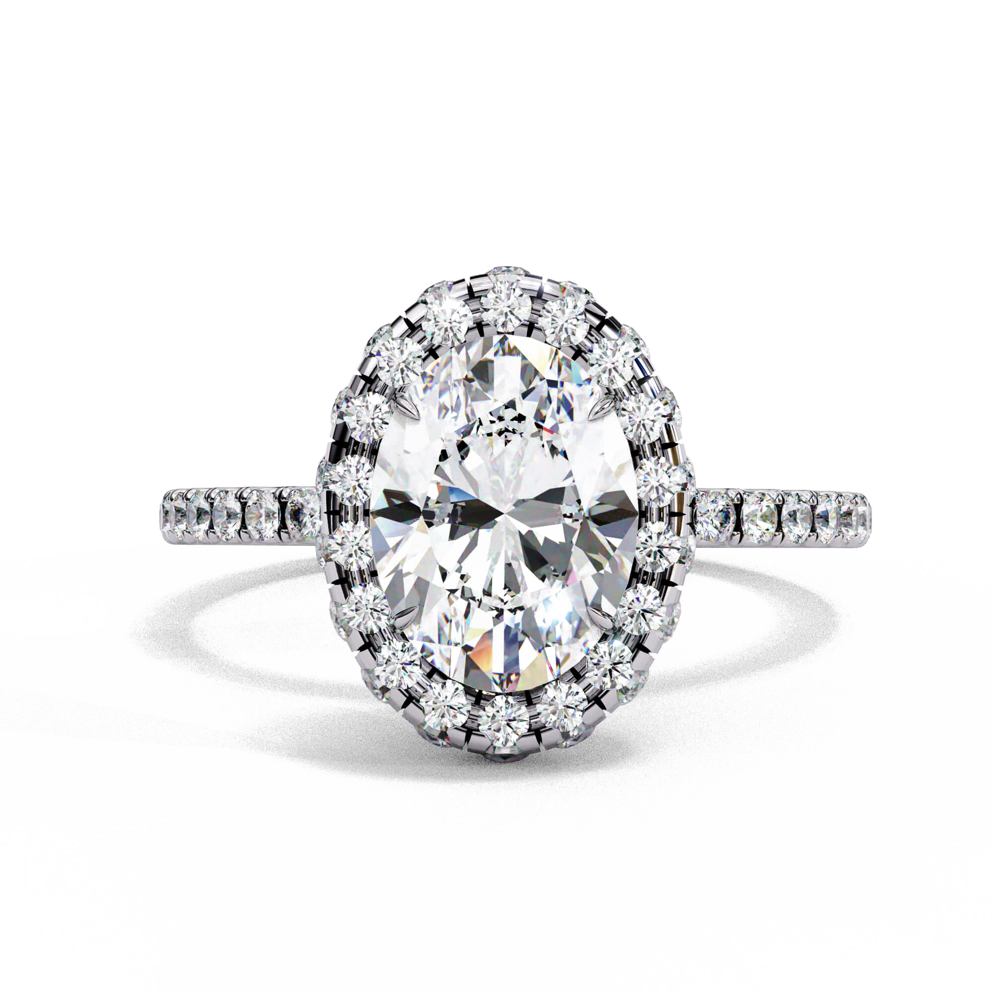 Celeste — Oval cut lab grown and natural diamond engagement ring — single halo, diamond prong setting, pavé band — 18k white gold and platinum — Carat House