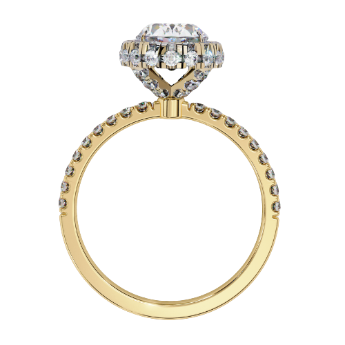 Celeste — Oval cut lab grown and natural diamond engagement ring — single halo, diamond prong setting, pavé band — 18k yellow gold — Carat House