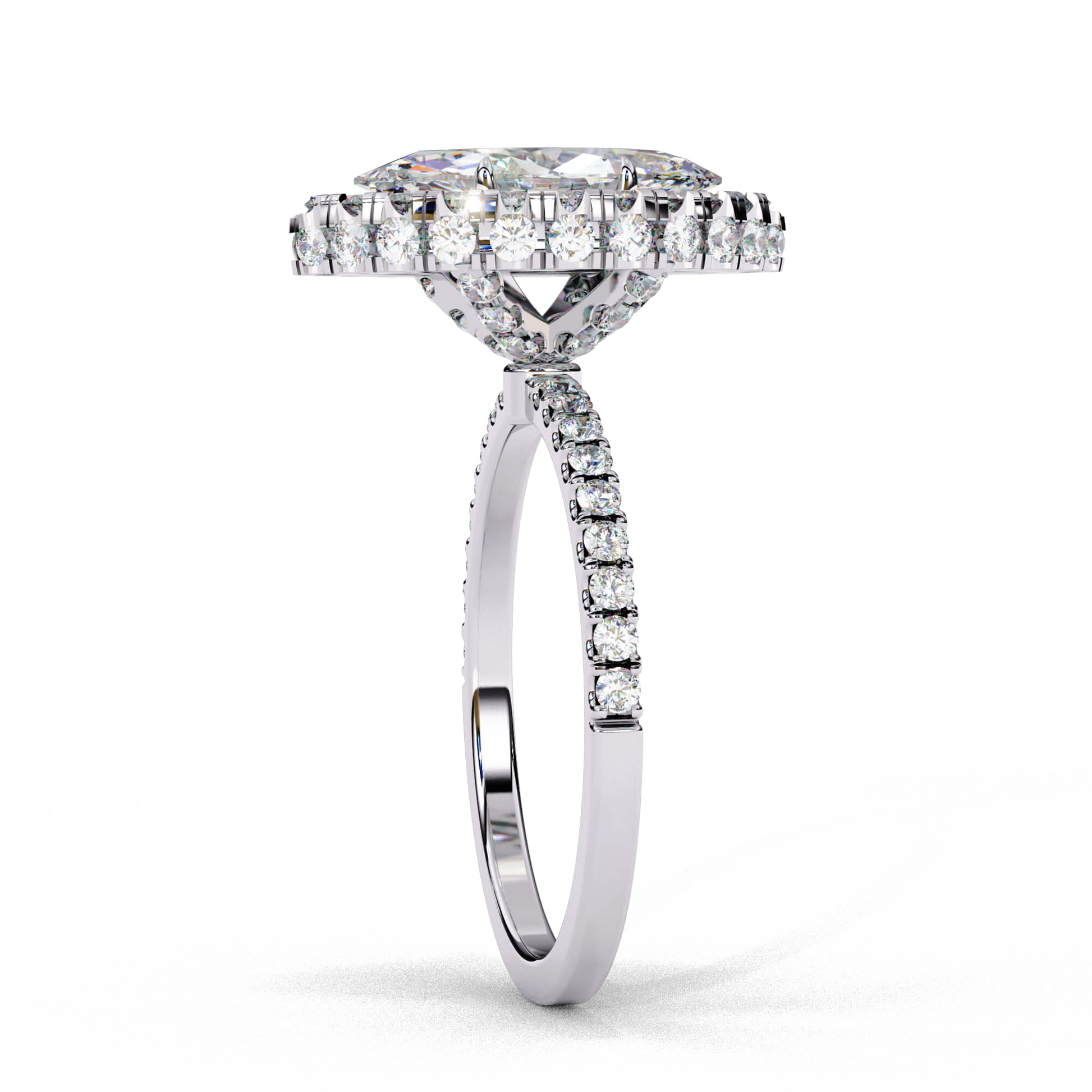Celia — Marquise cut lab grown and natural diamond engagement ring — single halo, diamond prong setting, pavé band — Carat House