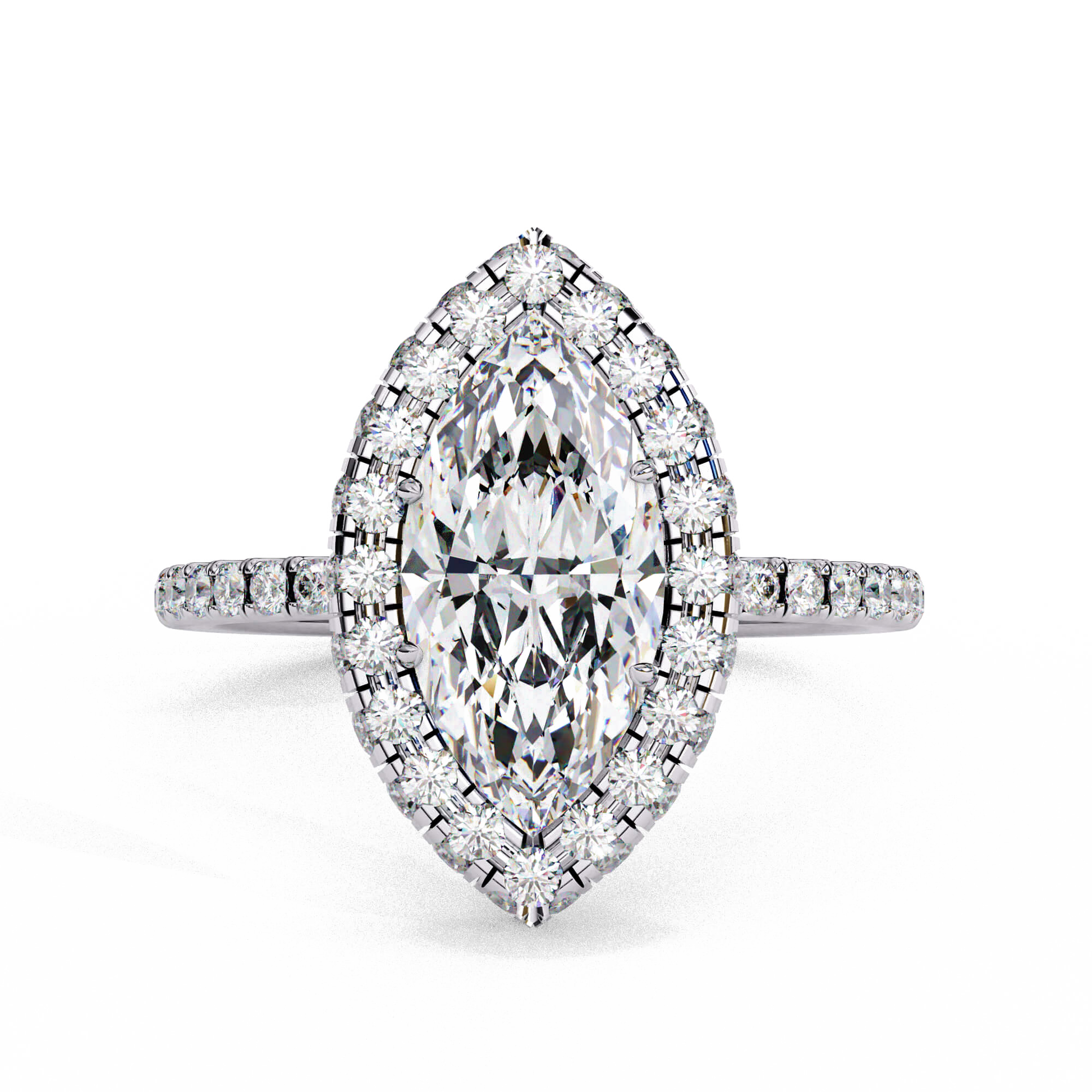 Celia — Marquise cut lab grown and natural diamond engagement ring — single halo, diamond prong setting, pavé band — 18k white gold and platinum — Carat House