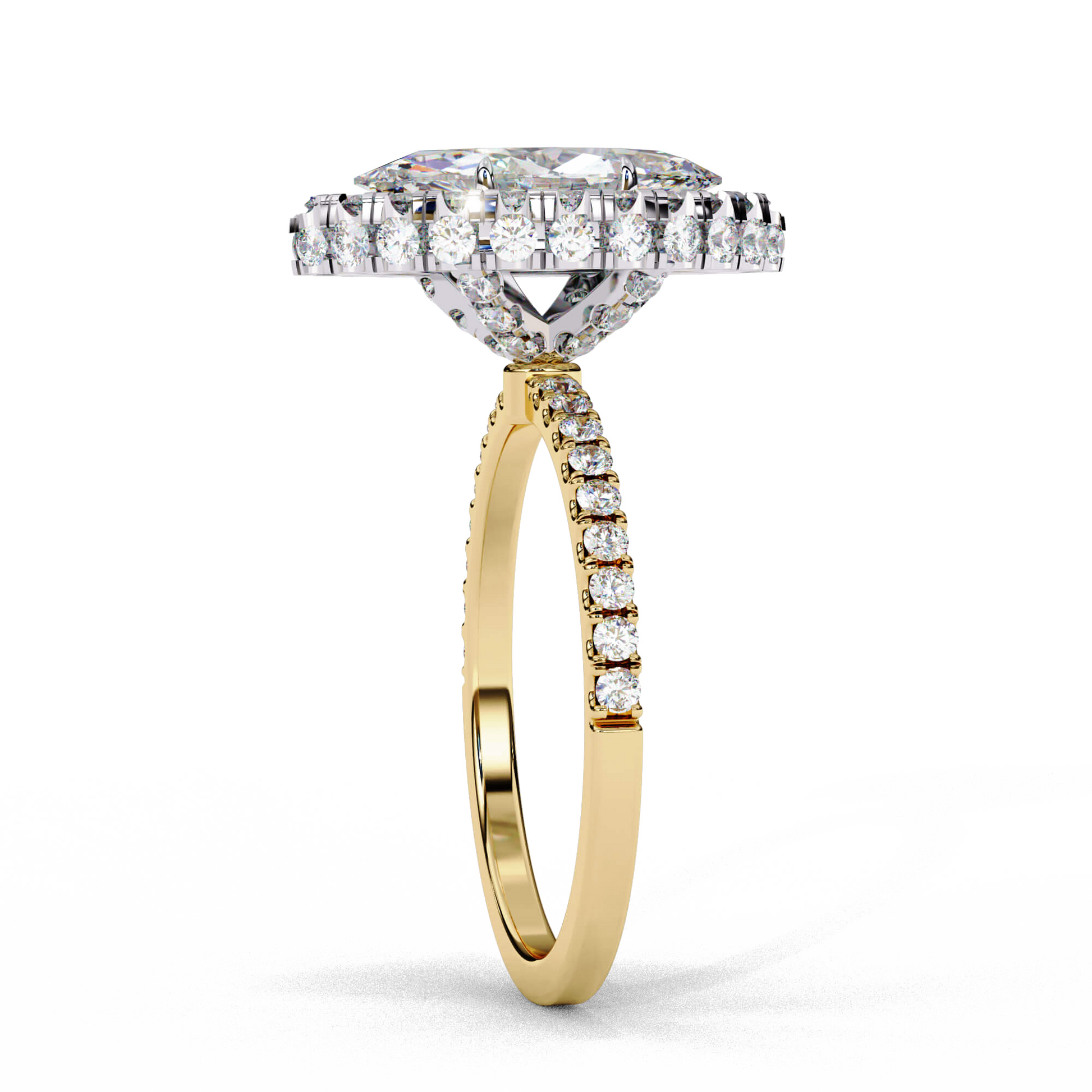 Celia — Marquise cut lab grown and natural diamond engagement ring — single halo, diamond prong setting, pavé band — Carat House