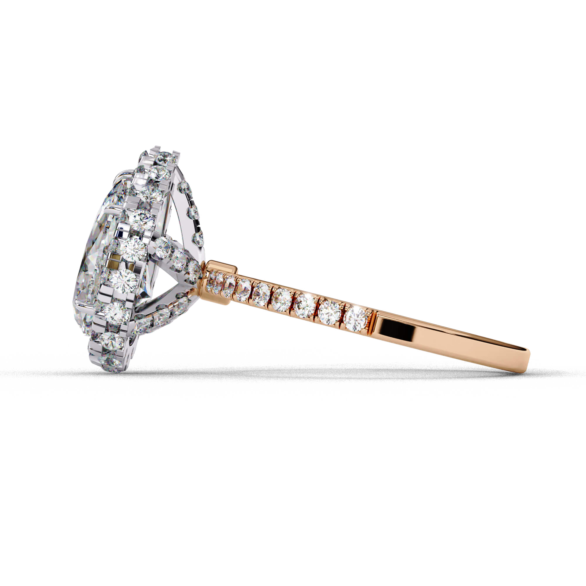 Charlotte — Pear cut lab grown and natural diamond engagement ring — single halo, diamond prong setting, pavé band — Carat House