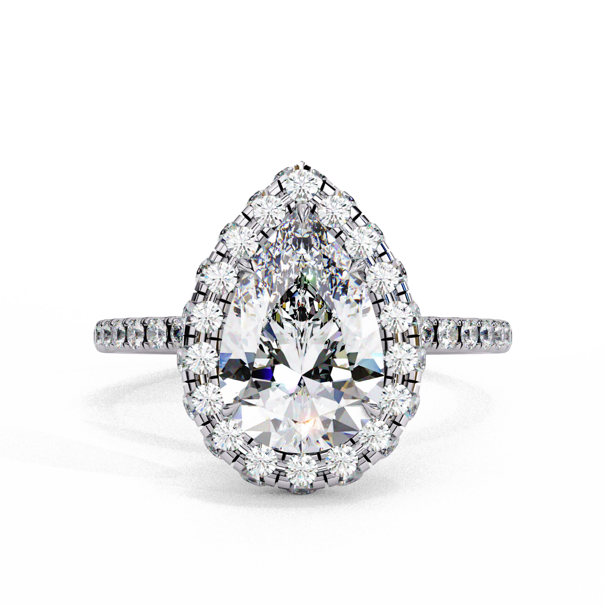 Charlotte — Pear cut lab grown and natural diamond engagement ring — single halo, diamond prong setting, pavé band — 18k white gold and platinum — Carat House