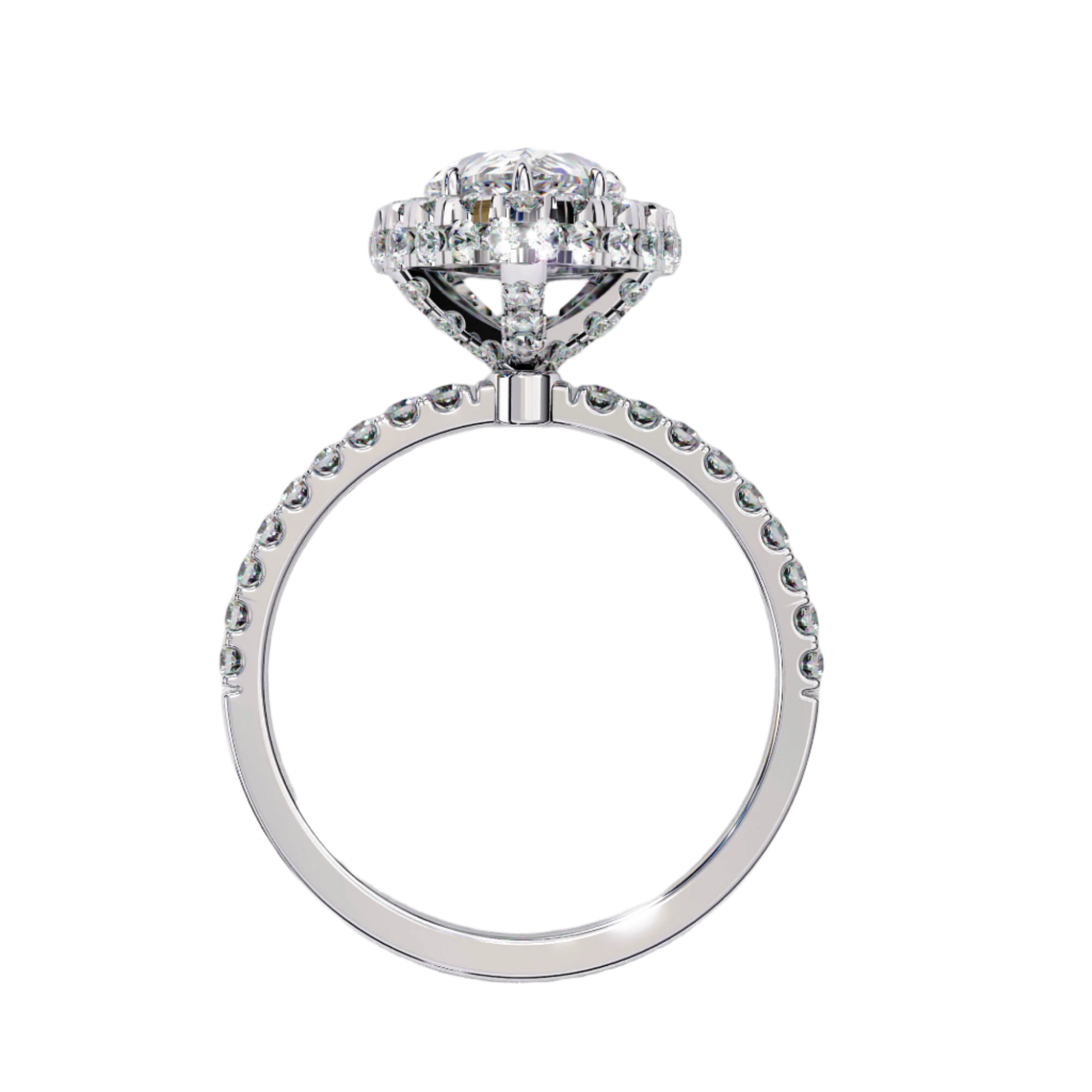 Charlotte — Pear cut lab grown and natural diamond engagement ring — single halo, diamond prong setting, pavé band — Carat House