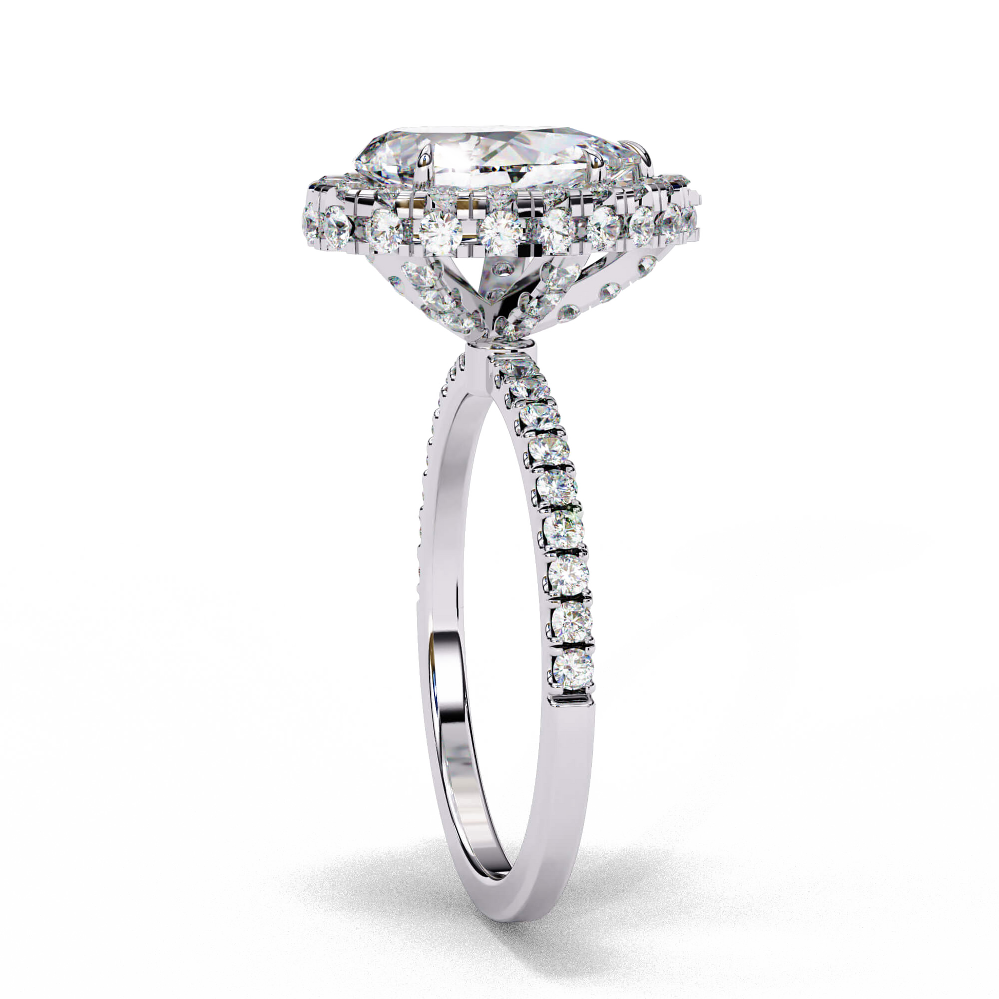 Charlotte — Pear cut lab grown and natural diamond engagement ring — single halo, diamond prong setting, pavé band — Carat House