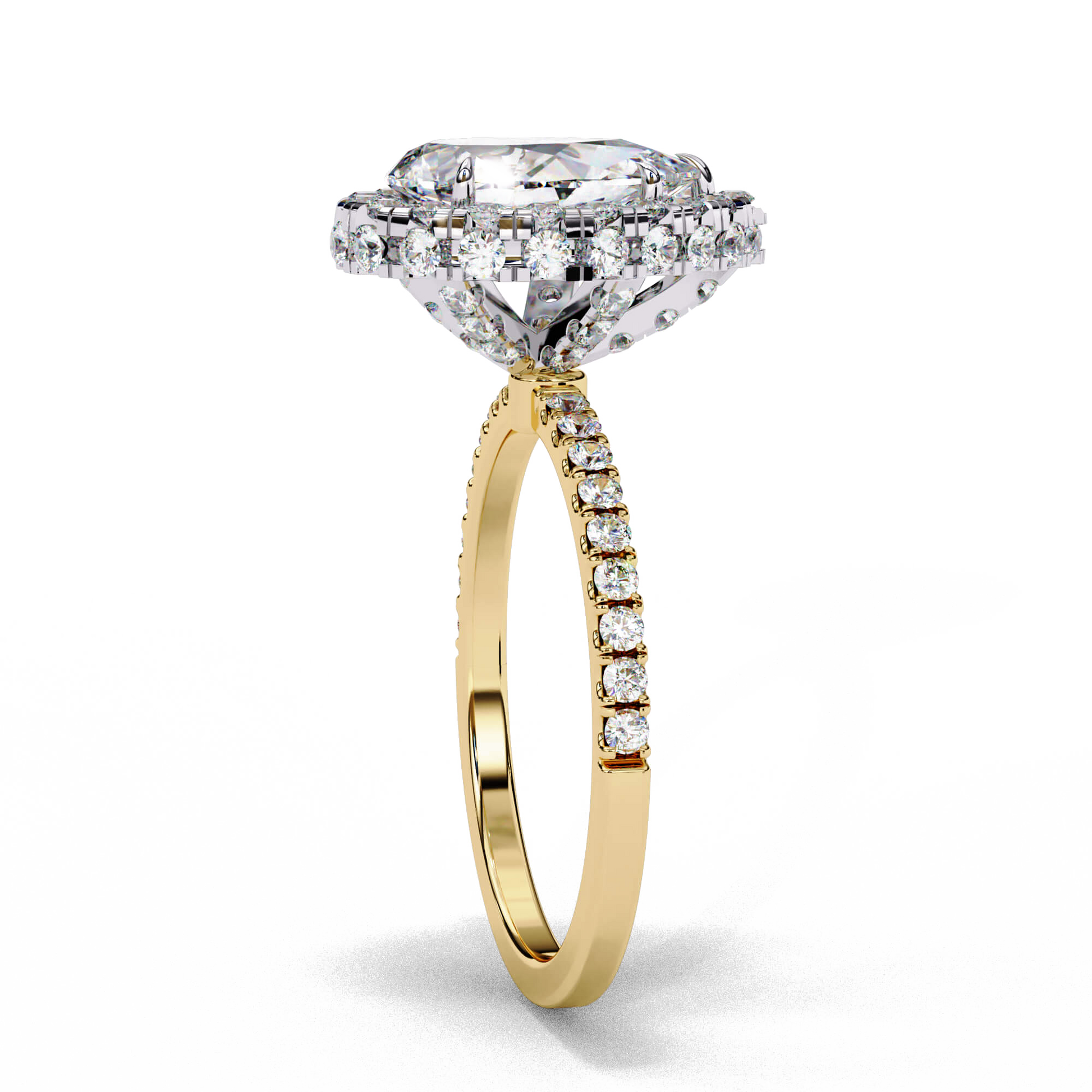 Charlotte — Pear cut lab grown and natural diamond engagement ring — single halo, diamond prong setting, pavé band — Carat House