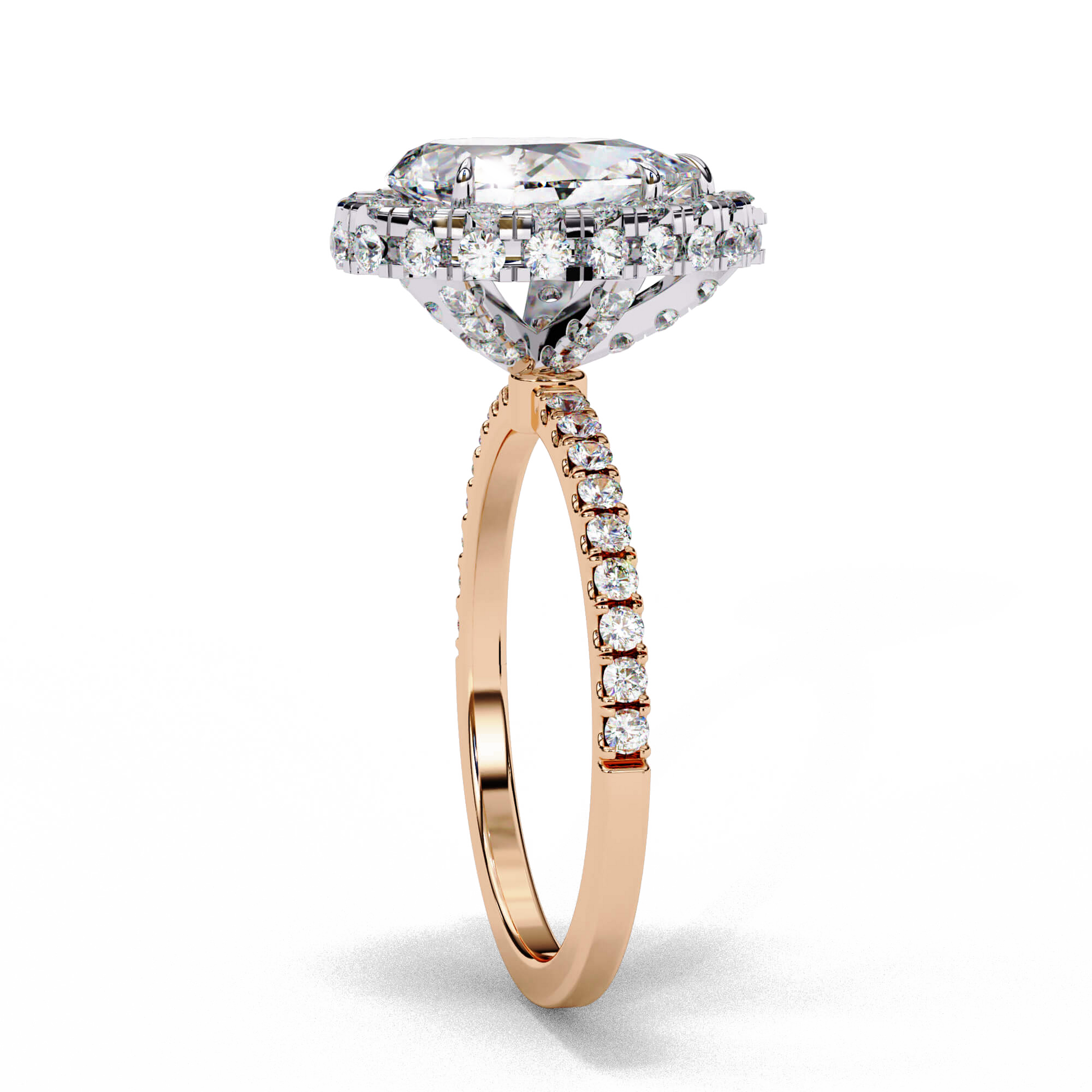 Charlotte — Pear cut lab grown and natural diamond engagement ring — single halo, diamond prong setting, pavé band — Carat House