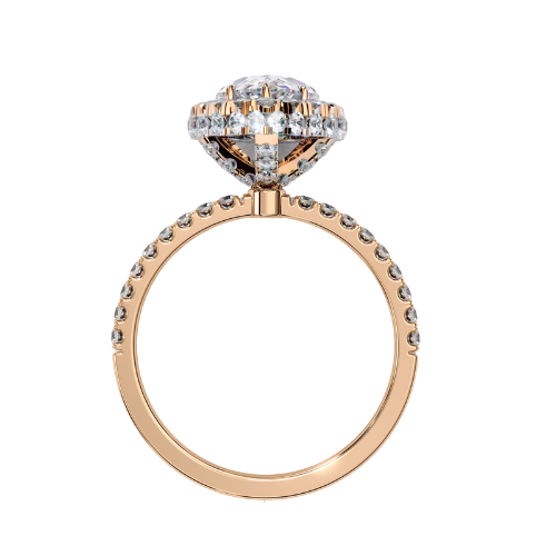 Charlotte — Pear cut lab grown and natural diamond engagement ring — single halo, diamond prong setting, pavé band — 18k rose gold — Carat House