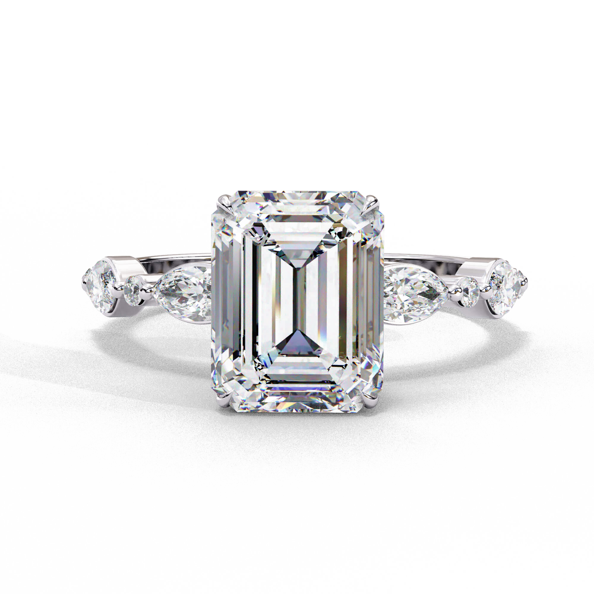 Delilah — Emerald cut lab grown and natural diamond engagement ring — four claw, two tone, marquise and round side stones — 18k white gold and platinum — Carat House