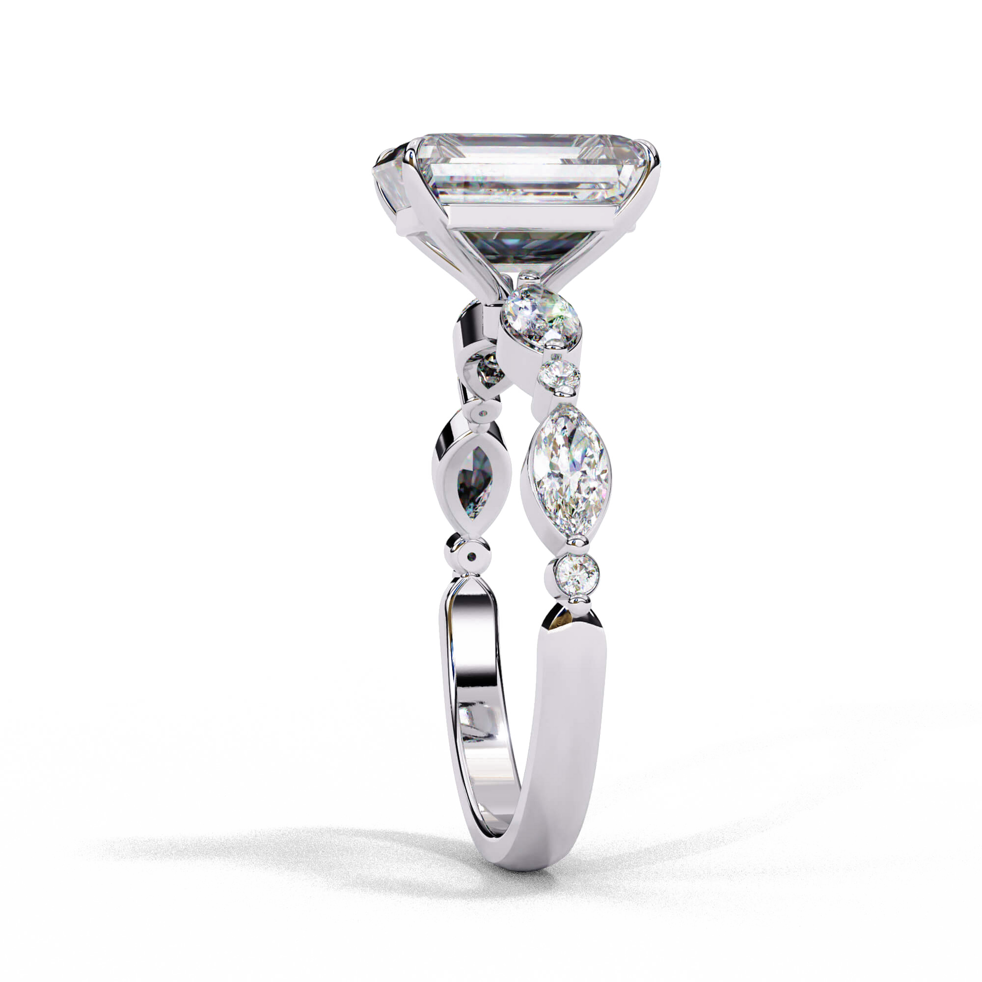 Elara — Radiant cut lab grown and natural diamond engagement ring — two tone, marquise side stones — Carat House