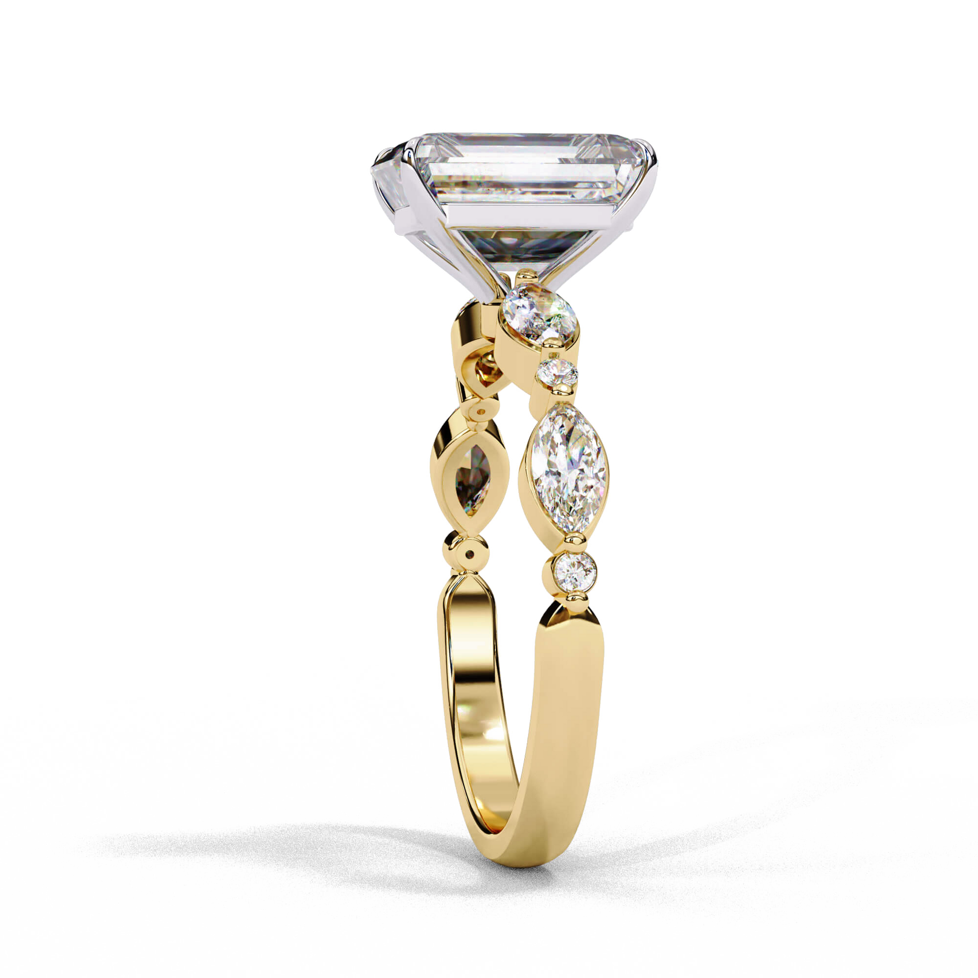 Elara — Radiant cut lab grown and natural diamond engagement ring — two tone, marquise side stones — Carat House