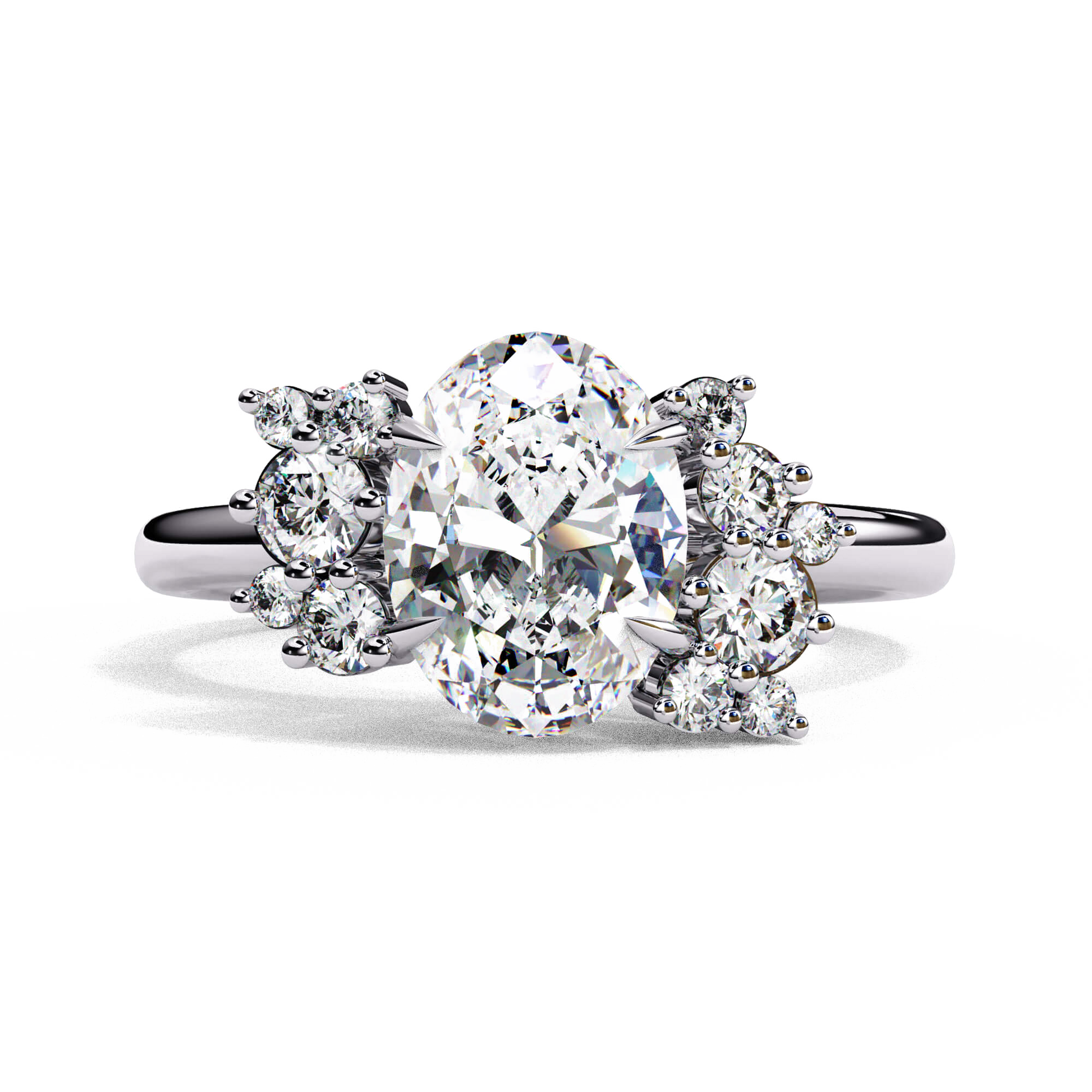 Eleanor — Oval cut lab grown and natural diamond engagement ring — four prong, side stones — 18k white gold and platinum — Carat House