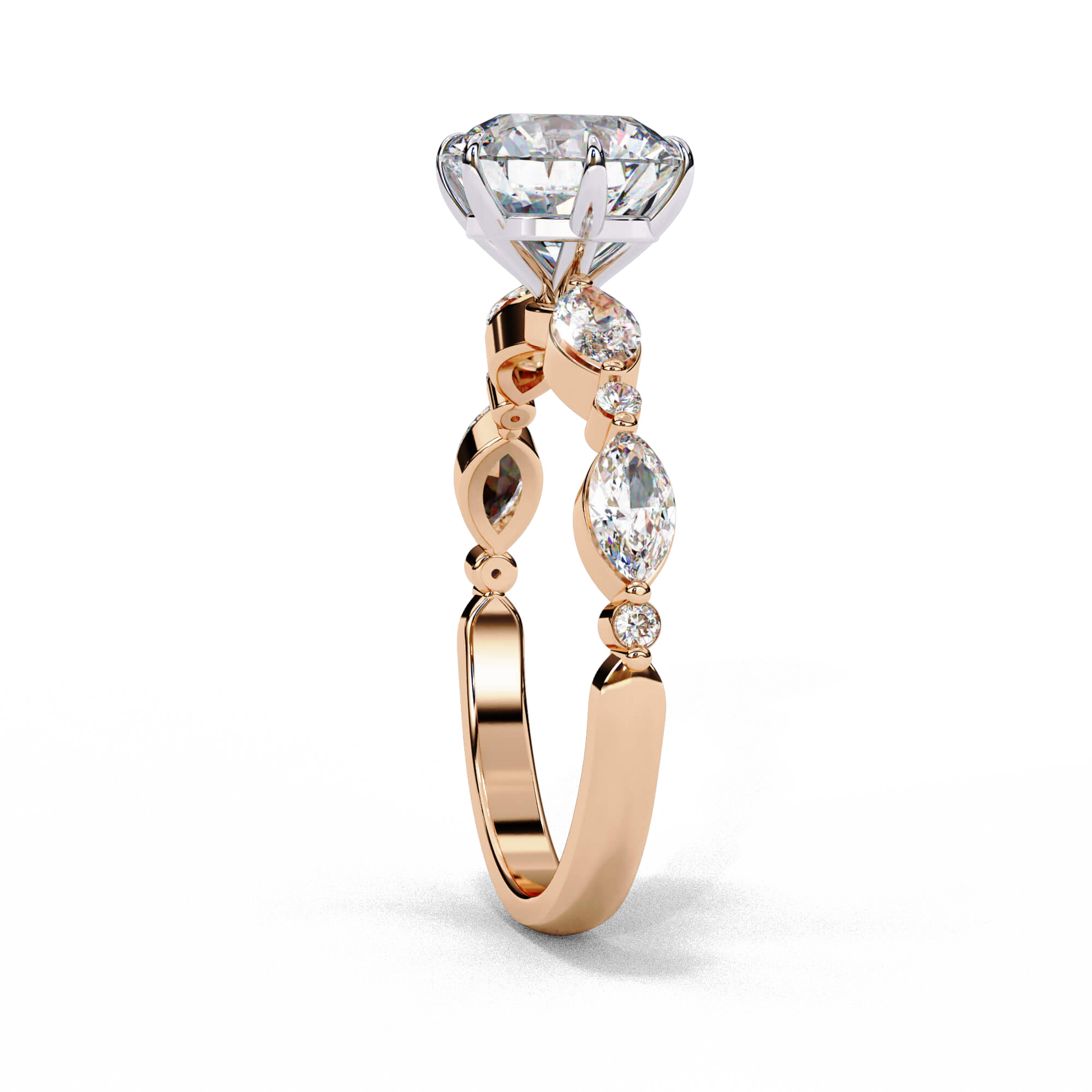 Eliana — Round cut lab grown and natural diamond engagement ring — two tone, side stone — Carat House