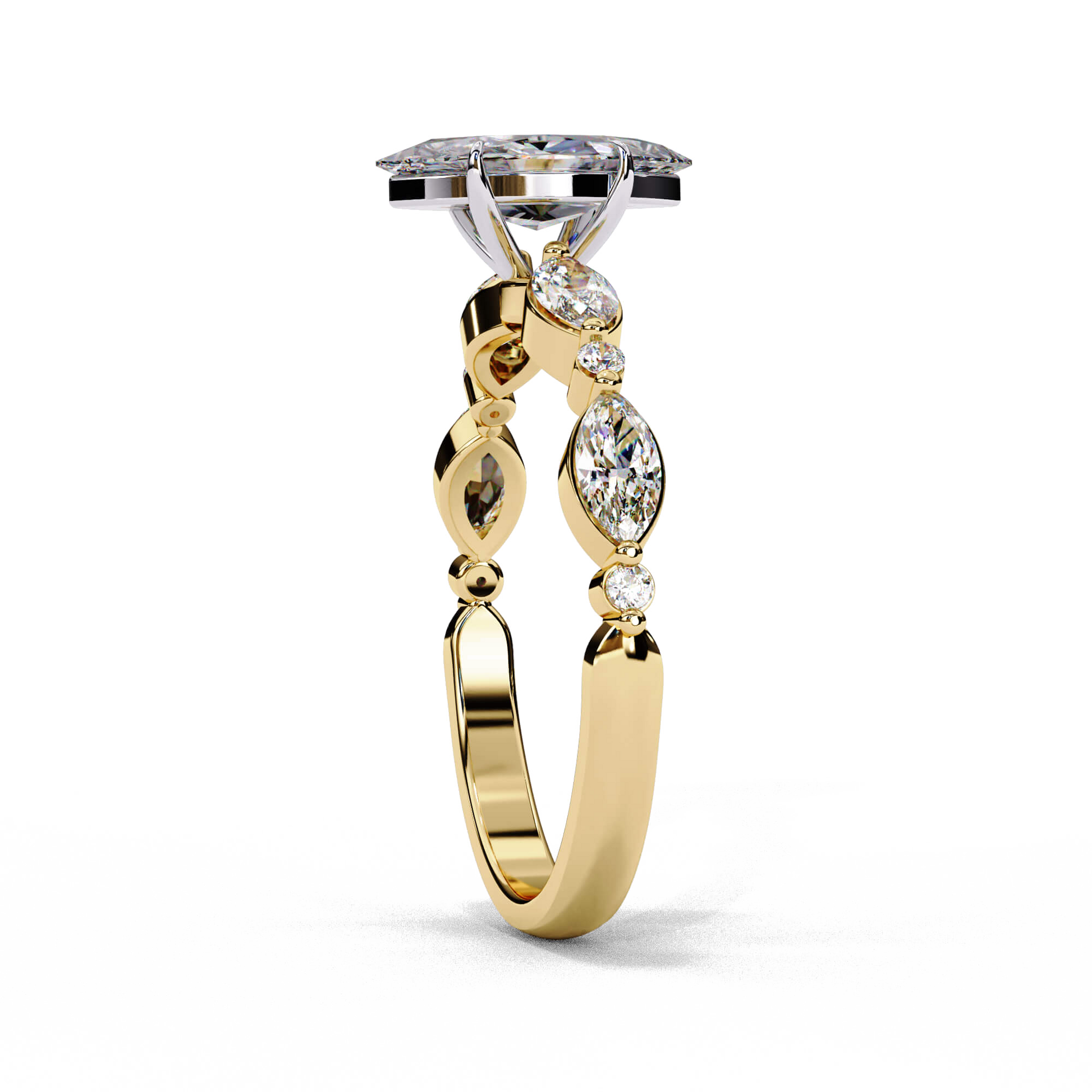 Eloise — Marquise cut lab grown and natural diamond engagement ring — two tone, side stone — Carat House
