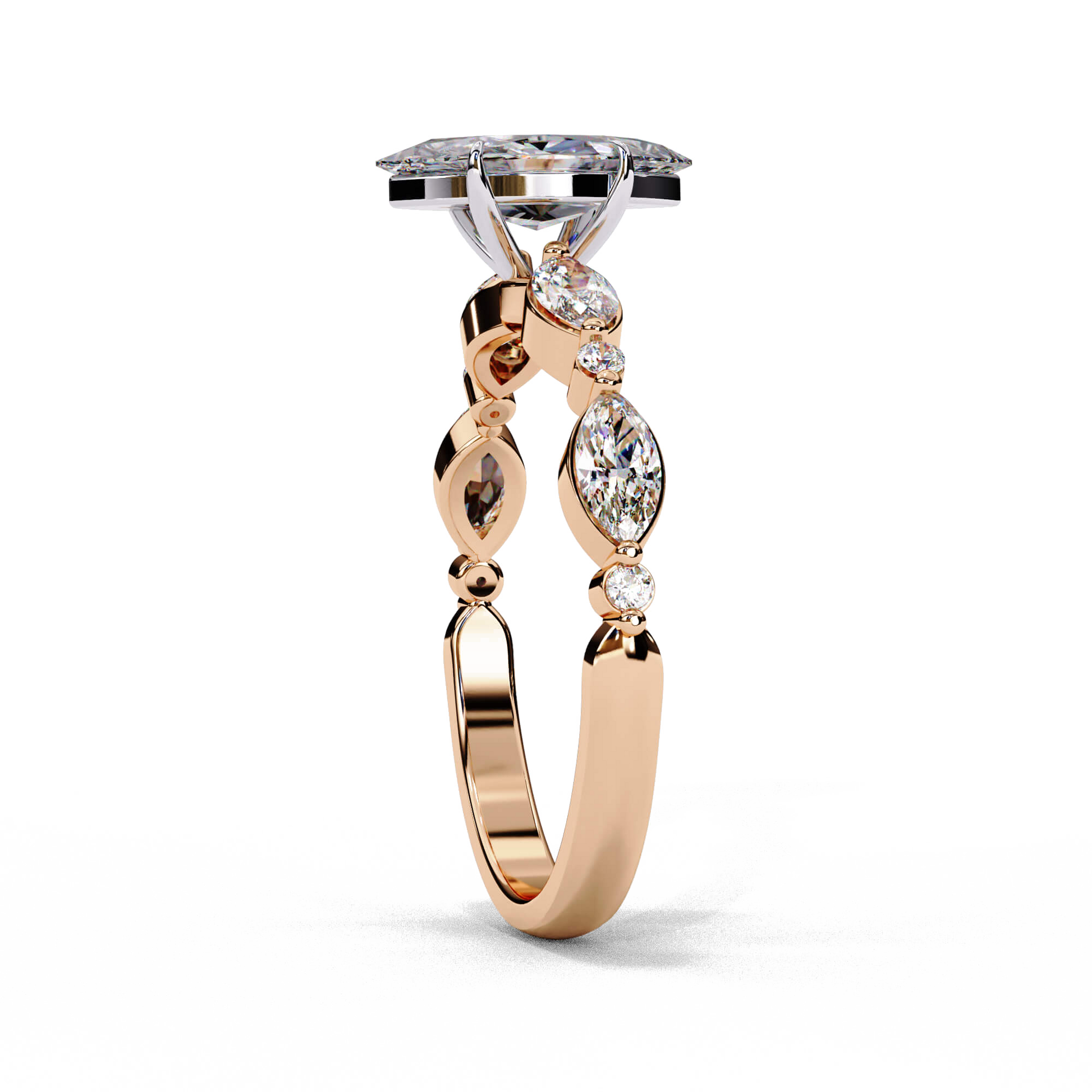 Eloise — Marquise cut lab grown and natural diamond engagement ring — two tone, side stone — Carat House