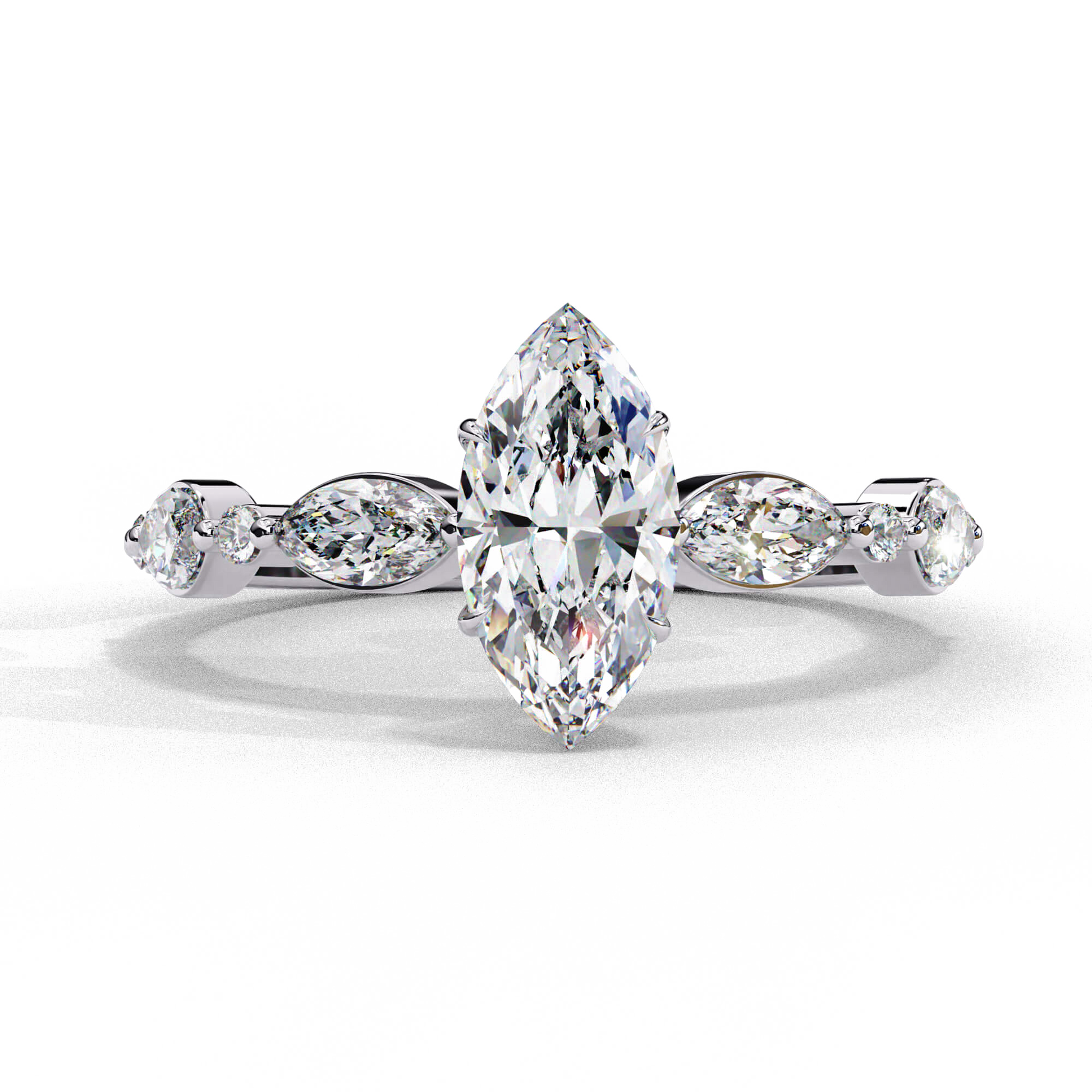 Eloise — Marquise cut lab grown and natural diamond engagement ring — two tone, side stone — 18k white gold and platinum — Carat House