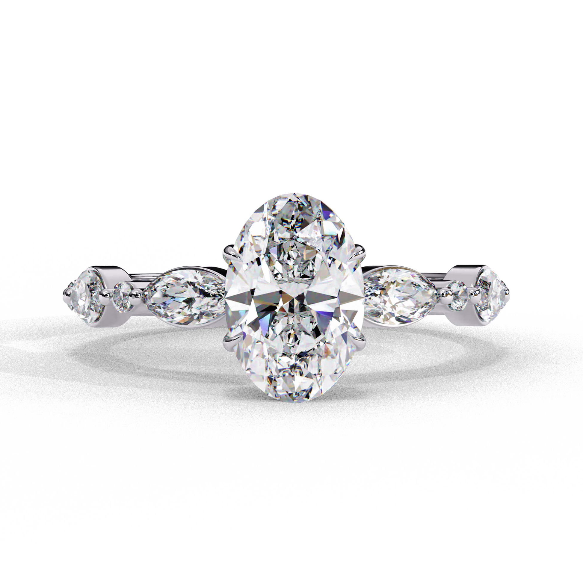 Estelle — Oval cut lab grown and natural diamond engagement ring — two tone, side stone — 18k white gold and platinum — Carat House