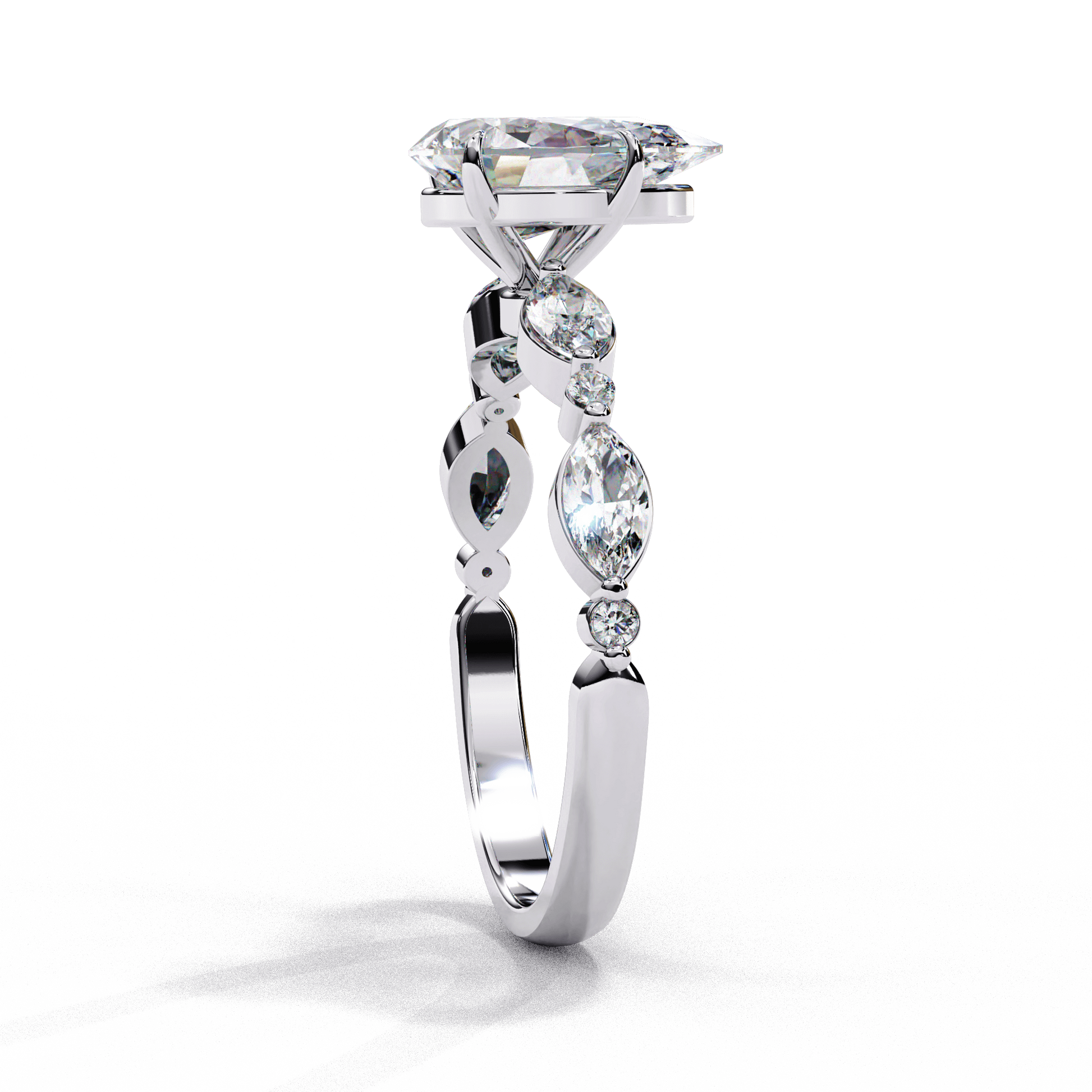Evangeline — Pear cut lab grown and natural diamond engagement ring — two tone, side stone — Carat House
