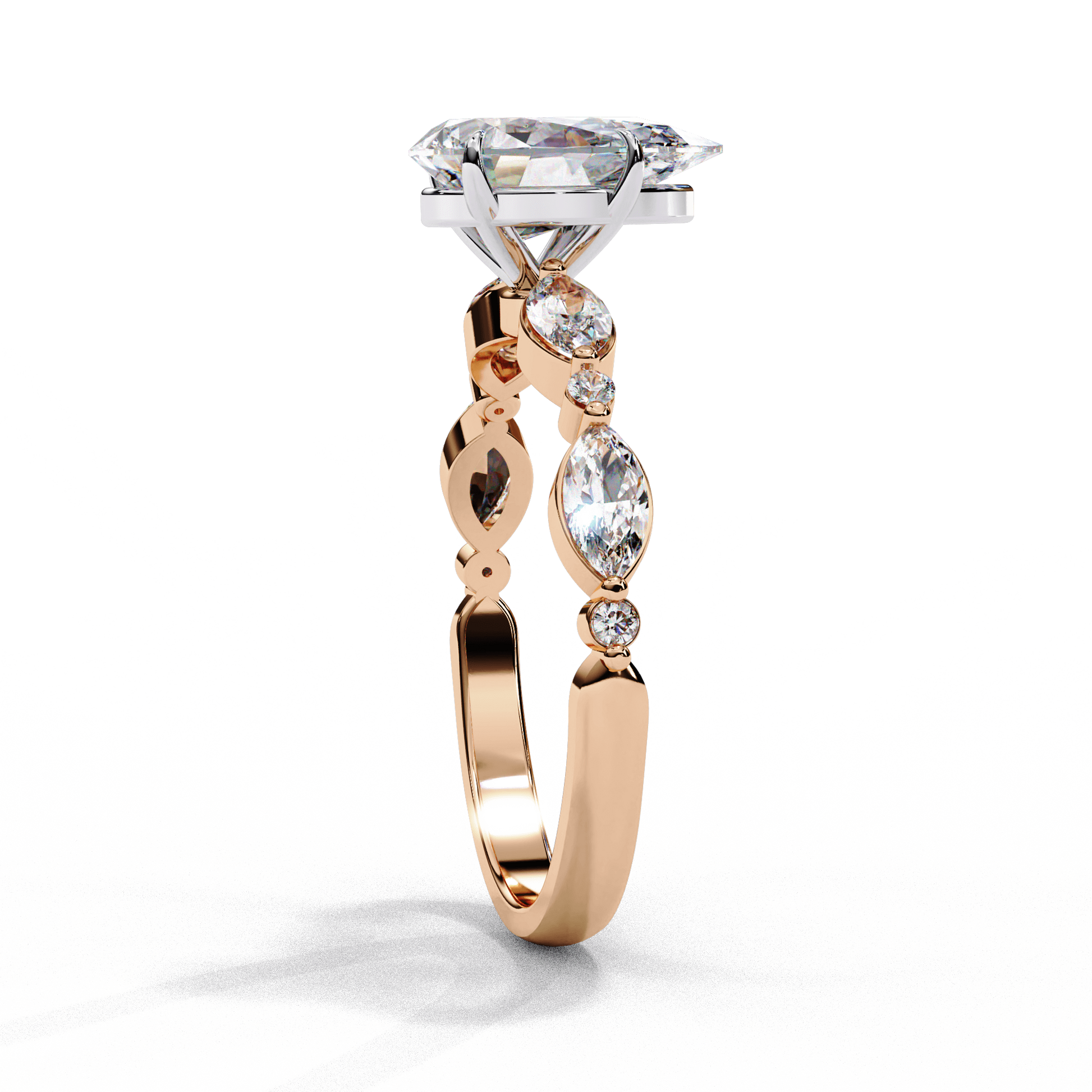 Evangeline — Pear cut lab grown and natural diamond engagement ring — two tone, side stone — Carat House