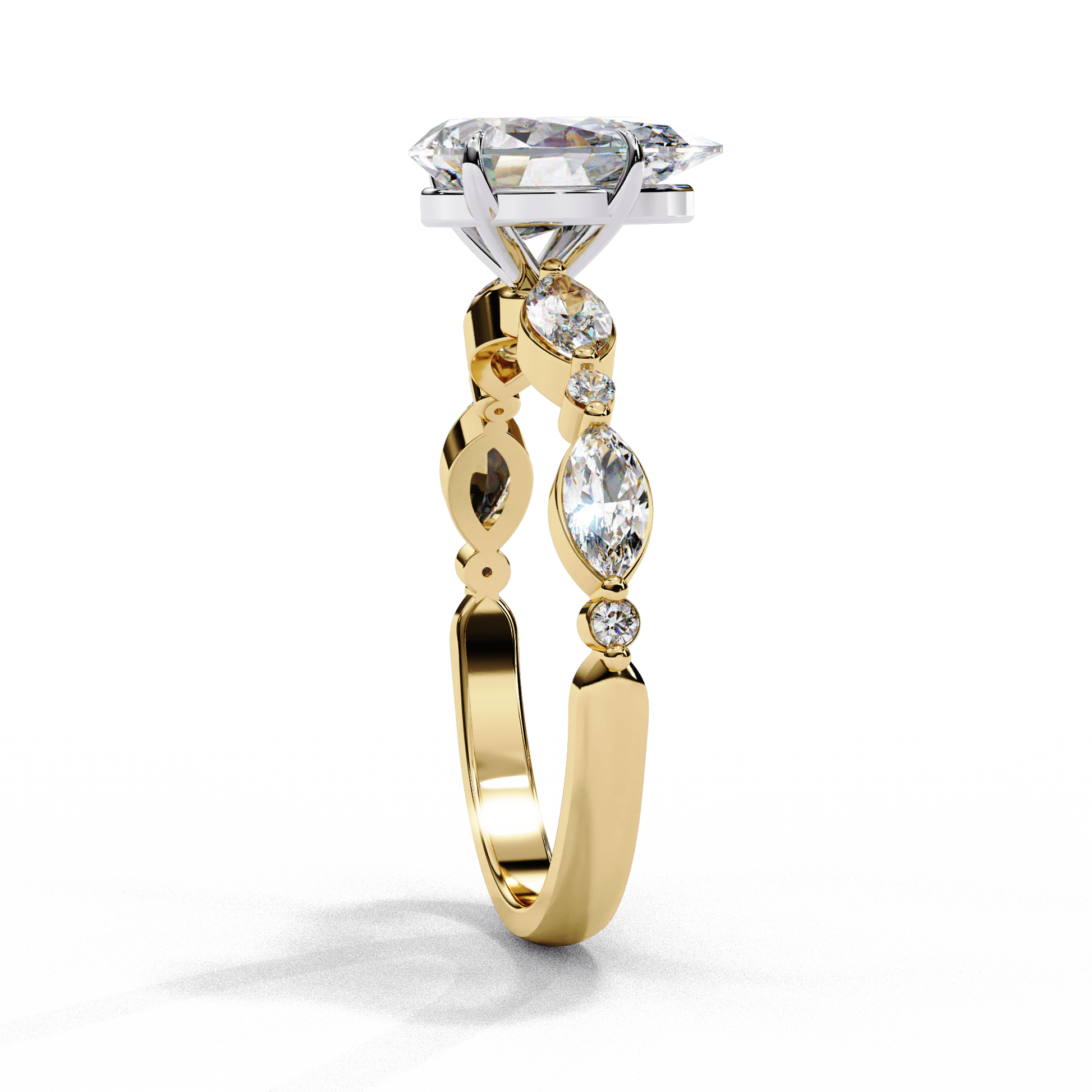 Evangeline — Pear cut lab grown and natural diamond engagement ring — two tone, side stone — Carat House