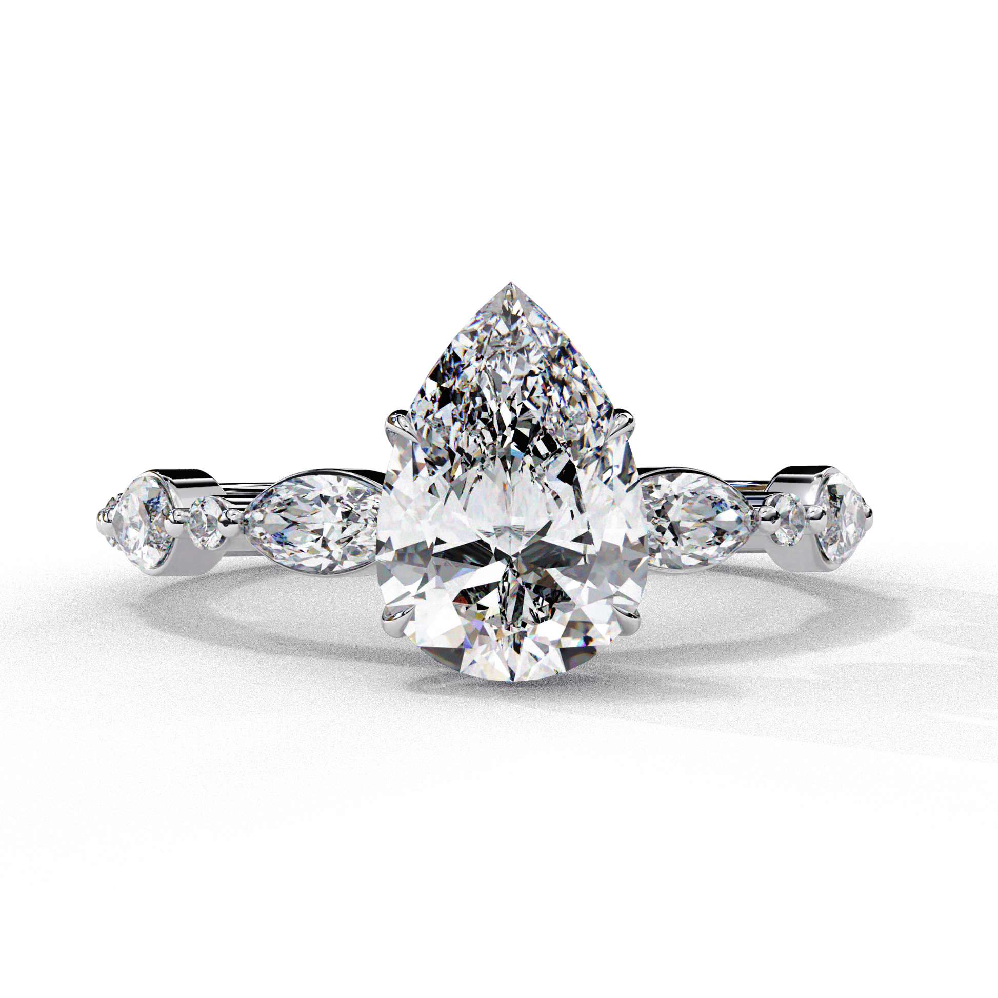 Evangeline — Pear cut lab grown and natural diamond engagement ring — two tone, side stone — 18k white gold and platinum — Carat House