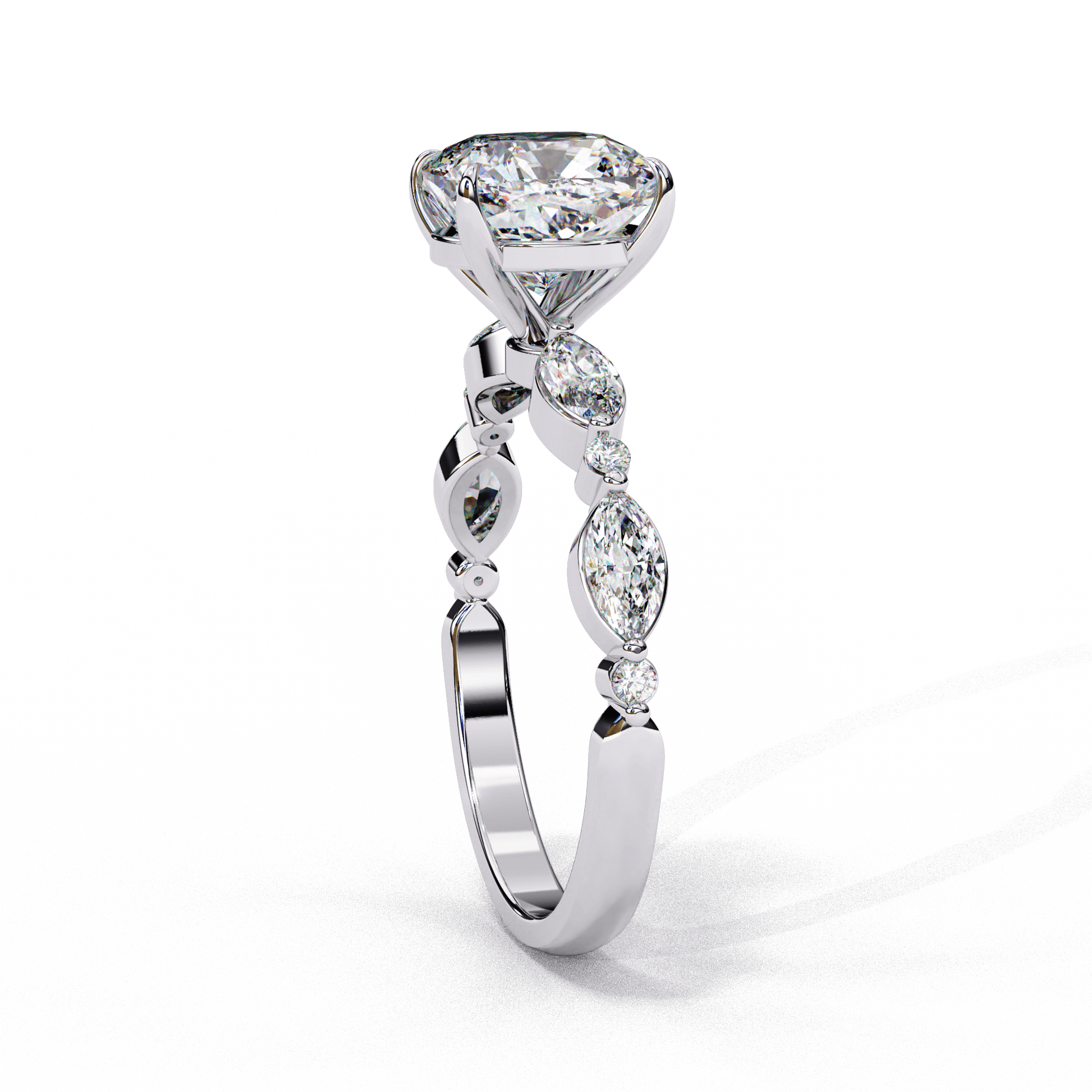 Evelyn — Cushion cut lab grown and natural diamond engagement ring — two tone, side stone — Carat House