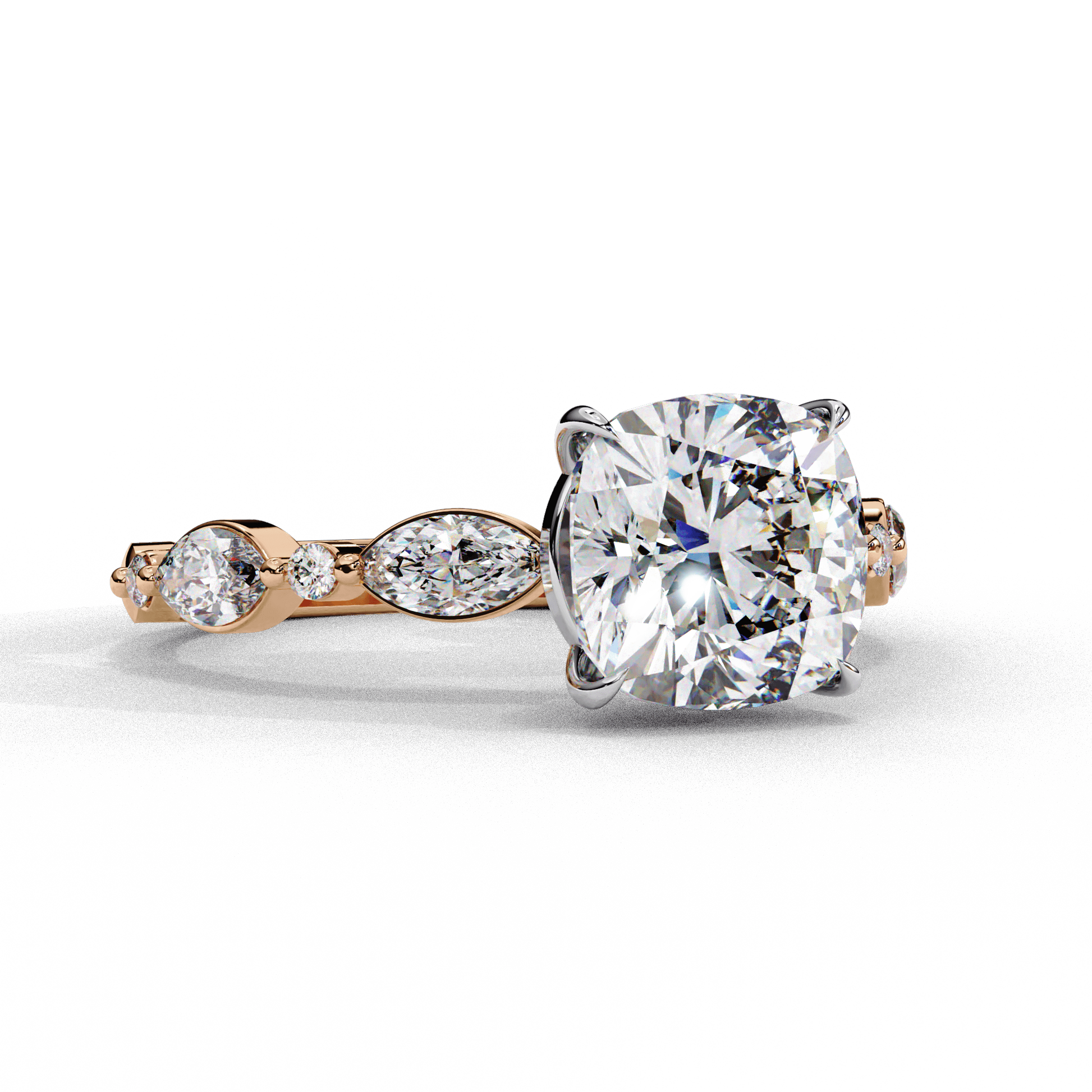 Evelyn — Cushion cut lab grown and natural diamond engagement ring — two tone, side stone — Carat House