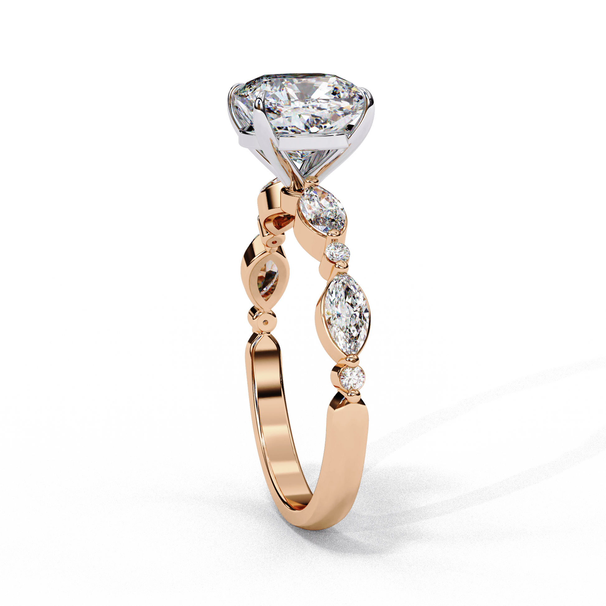 Evelyn — Cushion cut lab grown and natural diamond engagement ring — two tone, side stone — Carat House