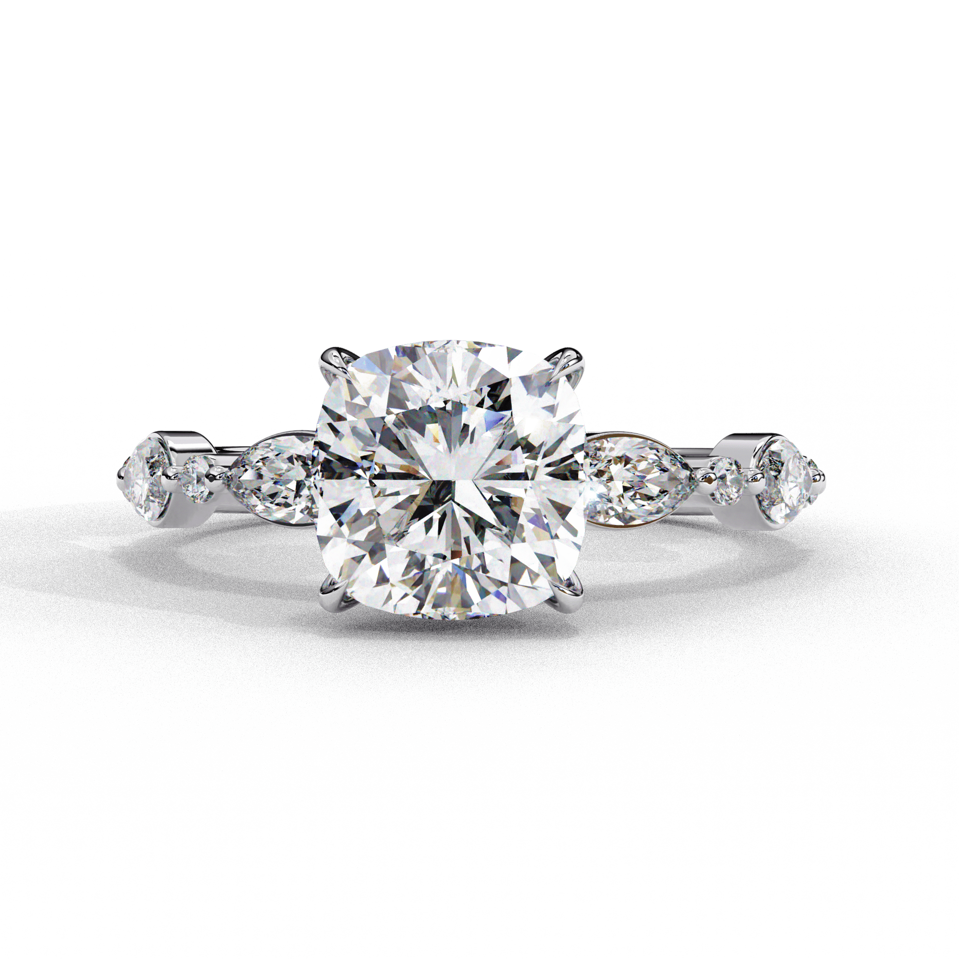 Evelyn — Cushion cut lab grown and natural diamond engagement ring — two tone, side stone — 18k white gold and platinum — Carat House