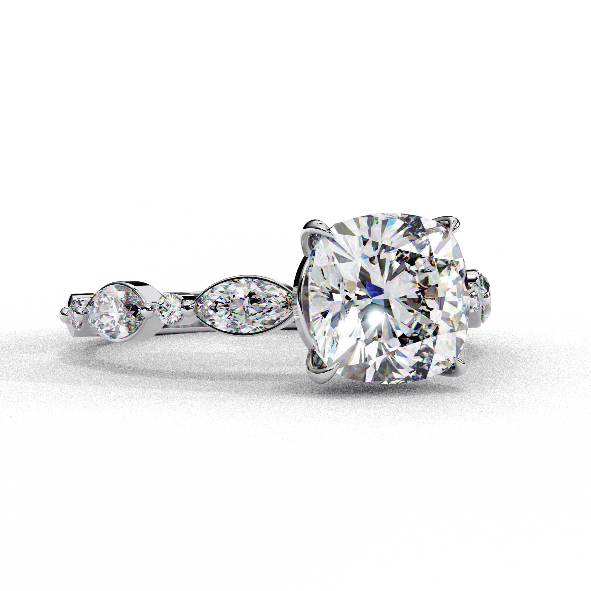 Evelyn — Cushion cut lab grown and natural diamond engagement ring — two tone, side stone — Carat House
