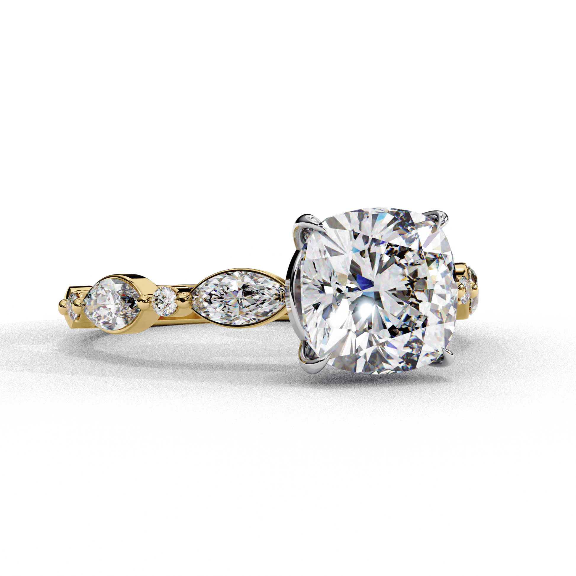 Evelyn — Cushion cut lab grown and natural diamond engagement ring — two tone, side stone — Carat House