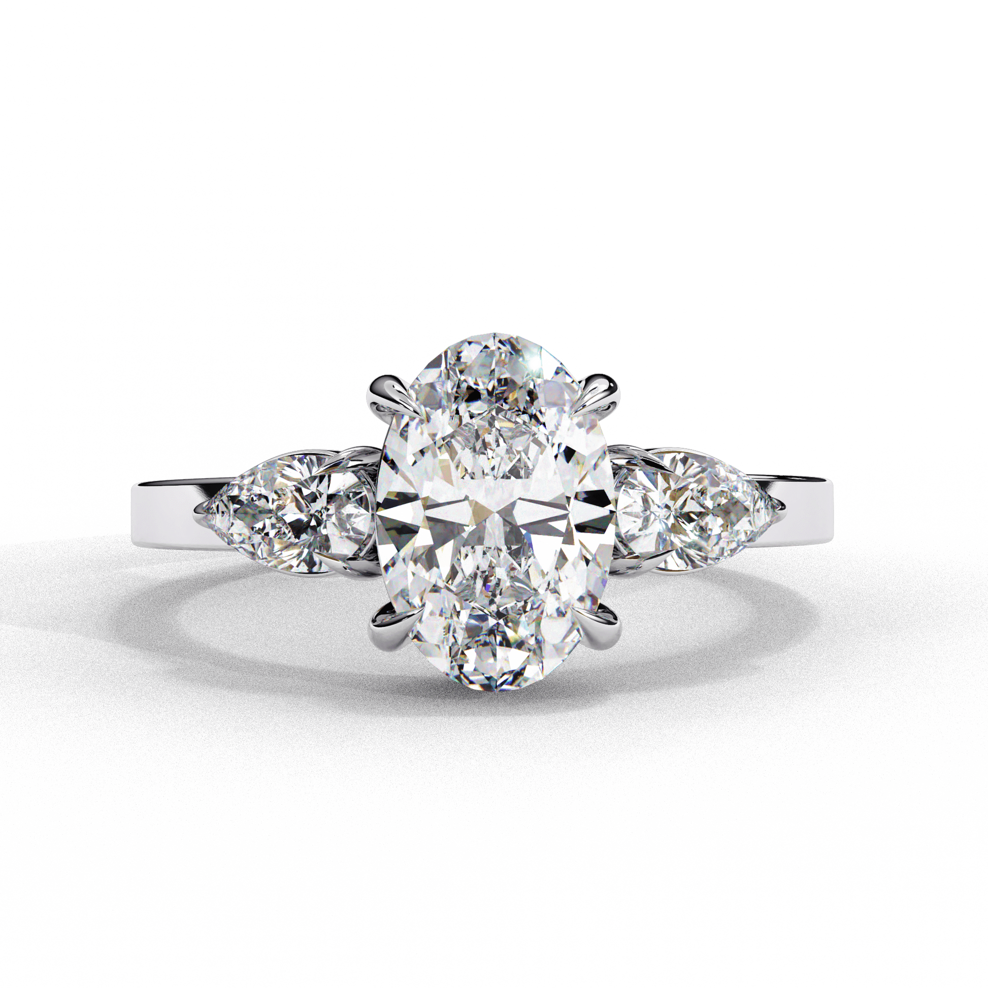 Georgia — Oval cut lab grown and natural diamond engagement ring — trilogy three stone — 18k white gold and platinum — Carat House