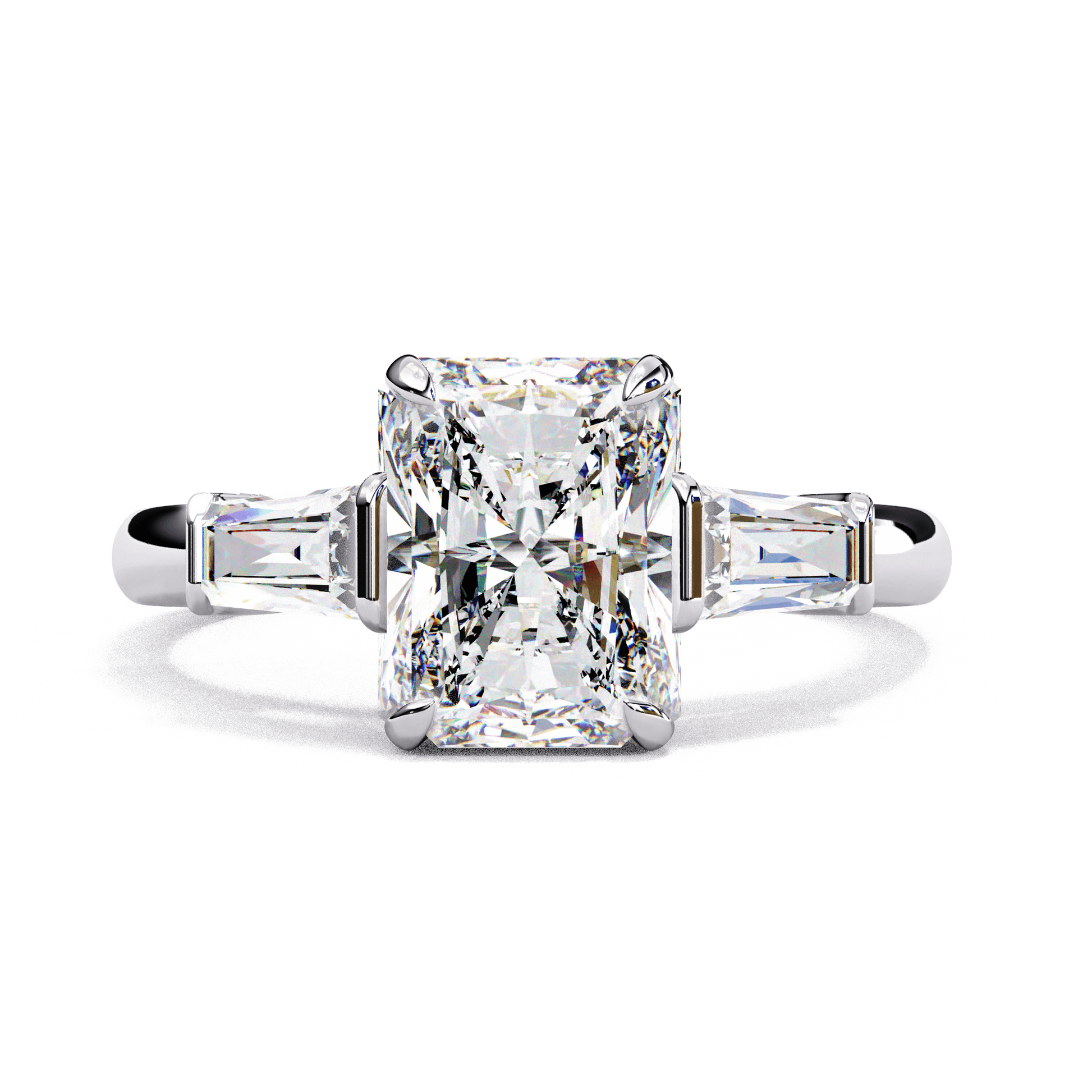 Giselle — Radiant cut lab grown and natural diamond engagement ring — trilogy three stone, cathedral — 18k white gold and platinum — Carat House
