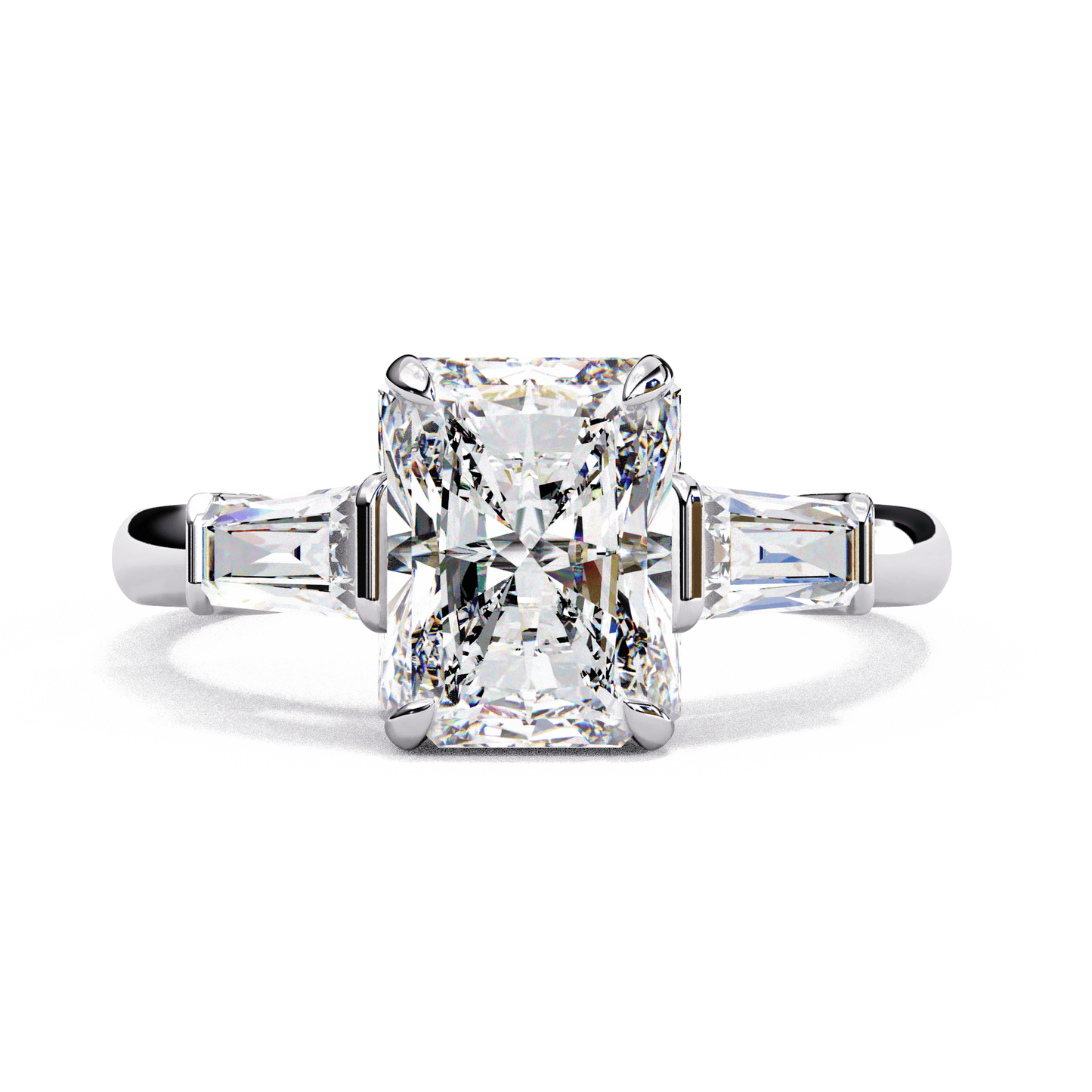 Giselle — Radiant cut lab grown and natural diamond engagement ring — trilogy three stone, cathedral — 18k white gold and platinum — Carat House