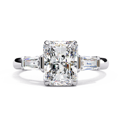 Giselle — Radiant cut lab grown and natural diamond engagement ring — trilogy three stone, cathedral — 18k white gold and platinum — Carat House