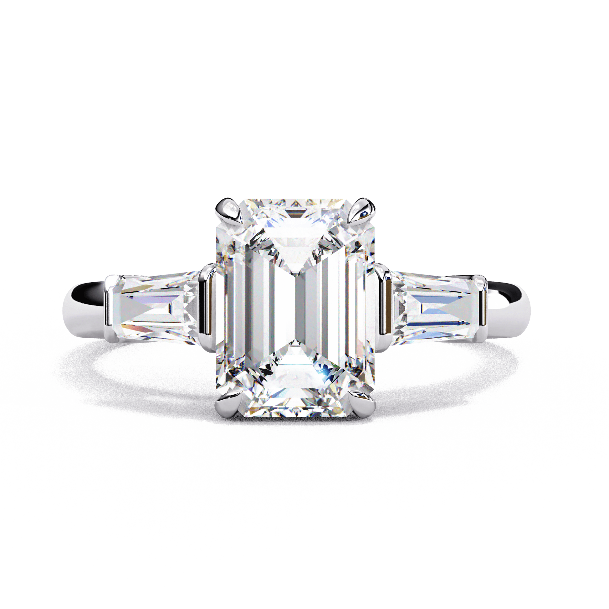 Georgina — Emerald cut lab grown and natural diamond engagement ring — trilogy three stone, cathedral — 18k white gold and platinum — Carat House