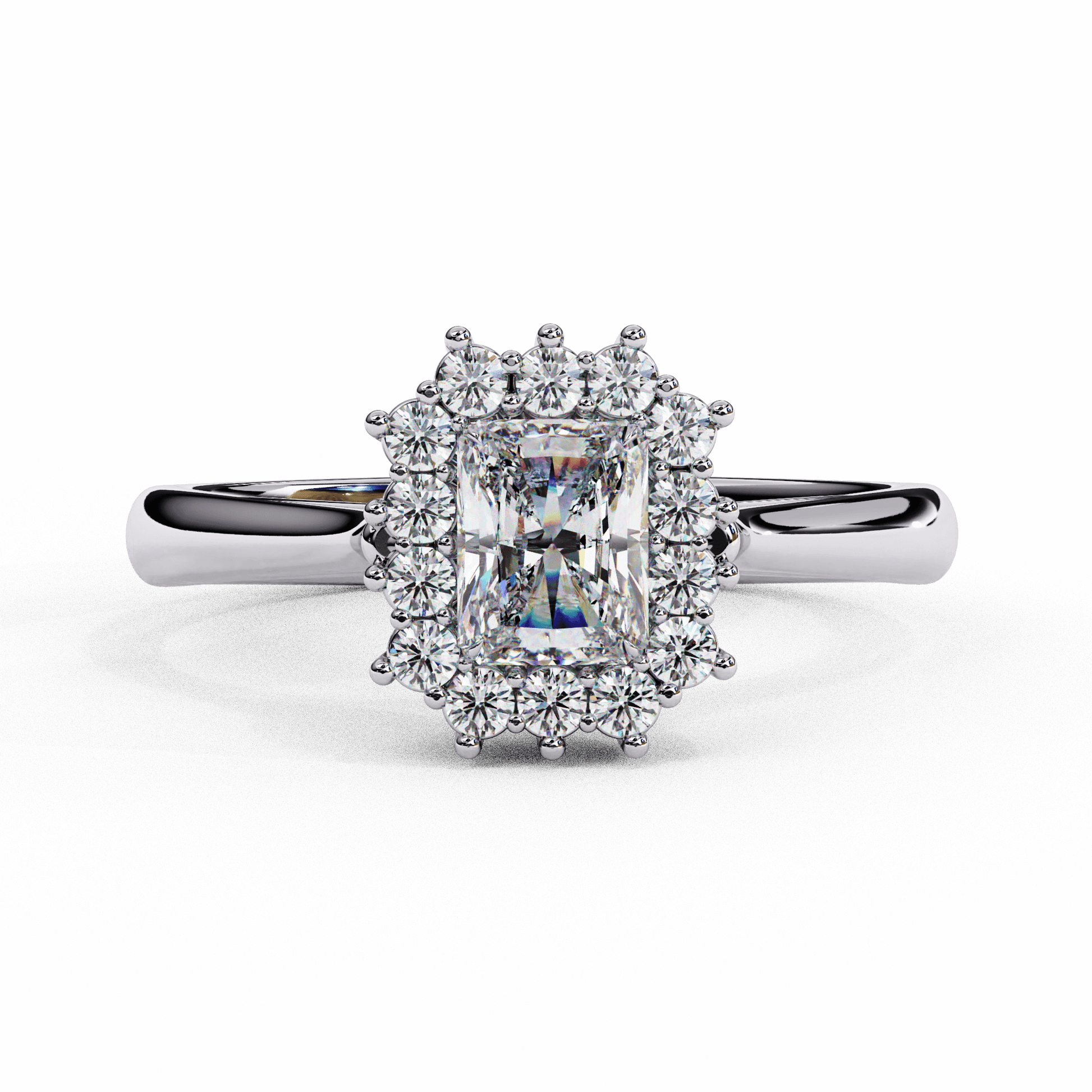 Mabel — Radiant cut lab grown and natural diamond engagement ring — halo, vintage cathedral — 18k white gold and platinum — Carat House