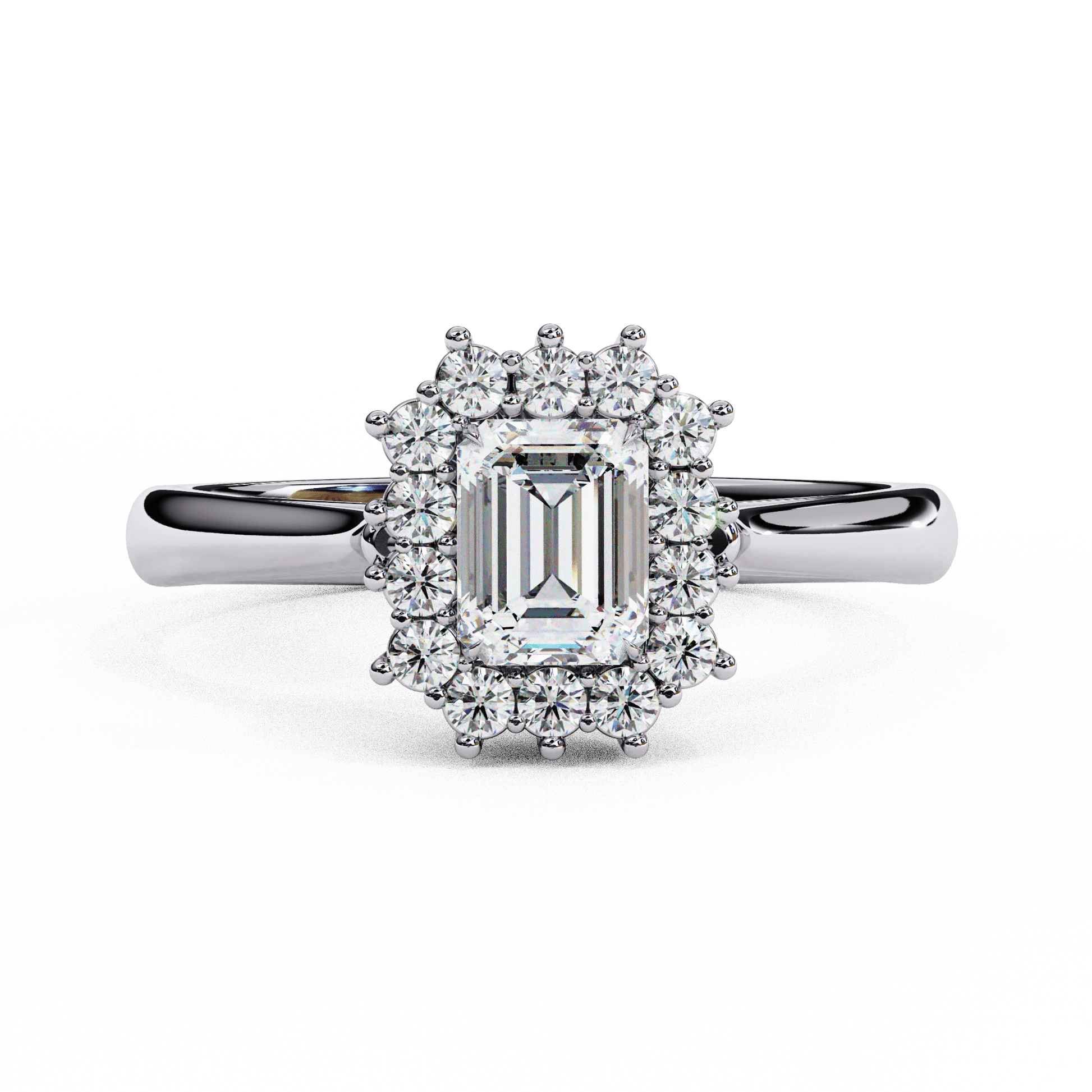 Adora — Emerald cut lab grown and natural diamond engagement ring — halo, vintage cathedral — 18k white gold and platinum — Carat House