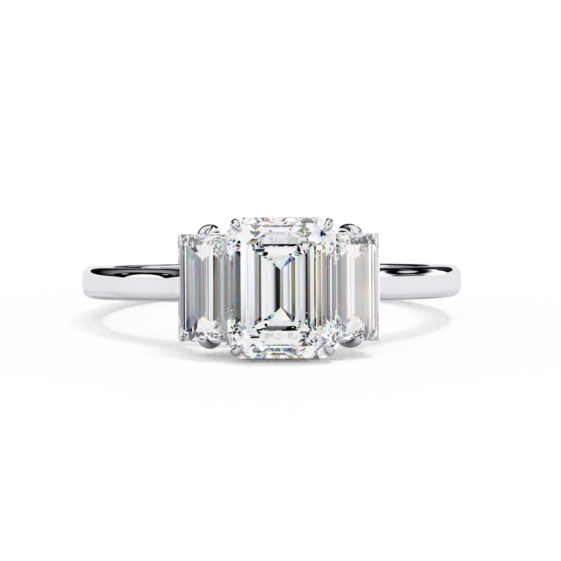 Sarina — Emerald cut lab grown and natural diamond engagement ring — trilogy three stone, cathedral — 18k white gold and platinum — Carat House