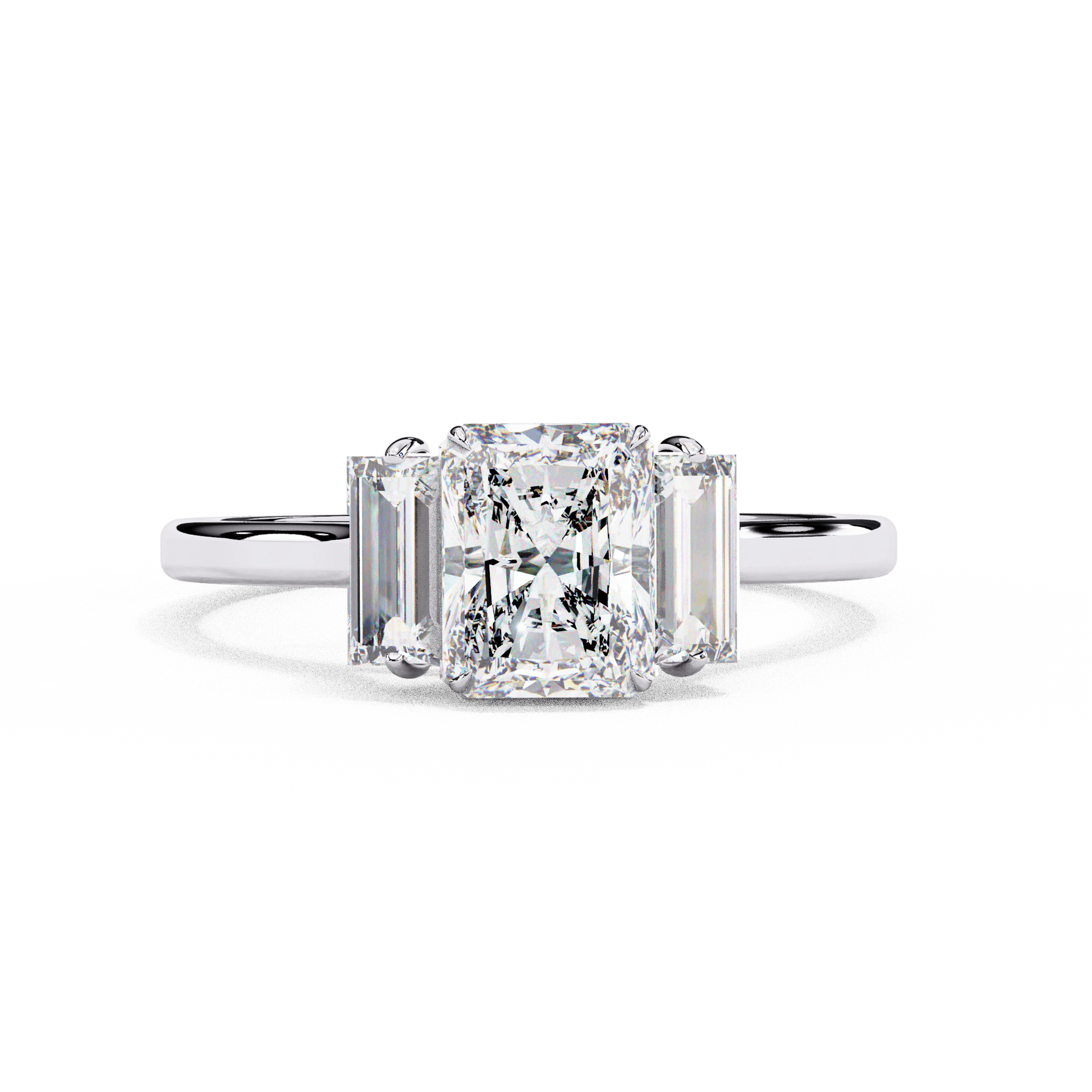 Nadia — Radiant cut lab grown and natural diamond engagement ring — trilogy three stone, cathedral — 18k white gold and platinum — Carat House