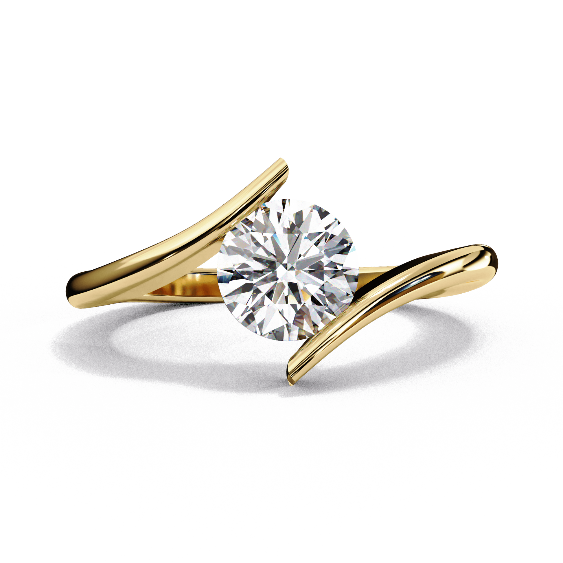 Portia — Round cut lab grown and natural diamond engagement ring — bezel, solitaire, bypass shank — Carat House