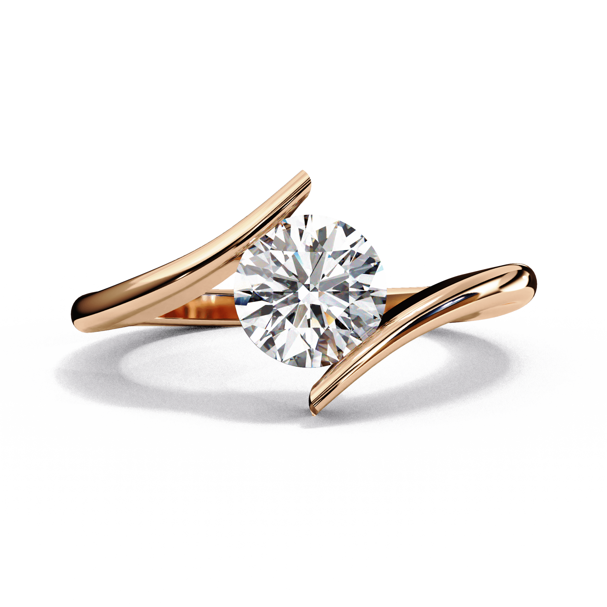 Portia — Round cut lab grown and natural diamond engagement ring — bezel, solitaire, bypass shank — Carat House