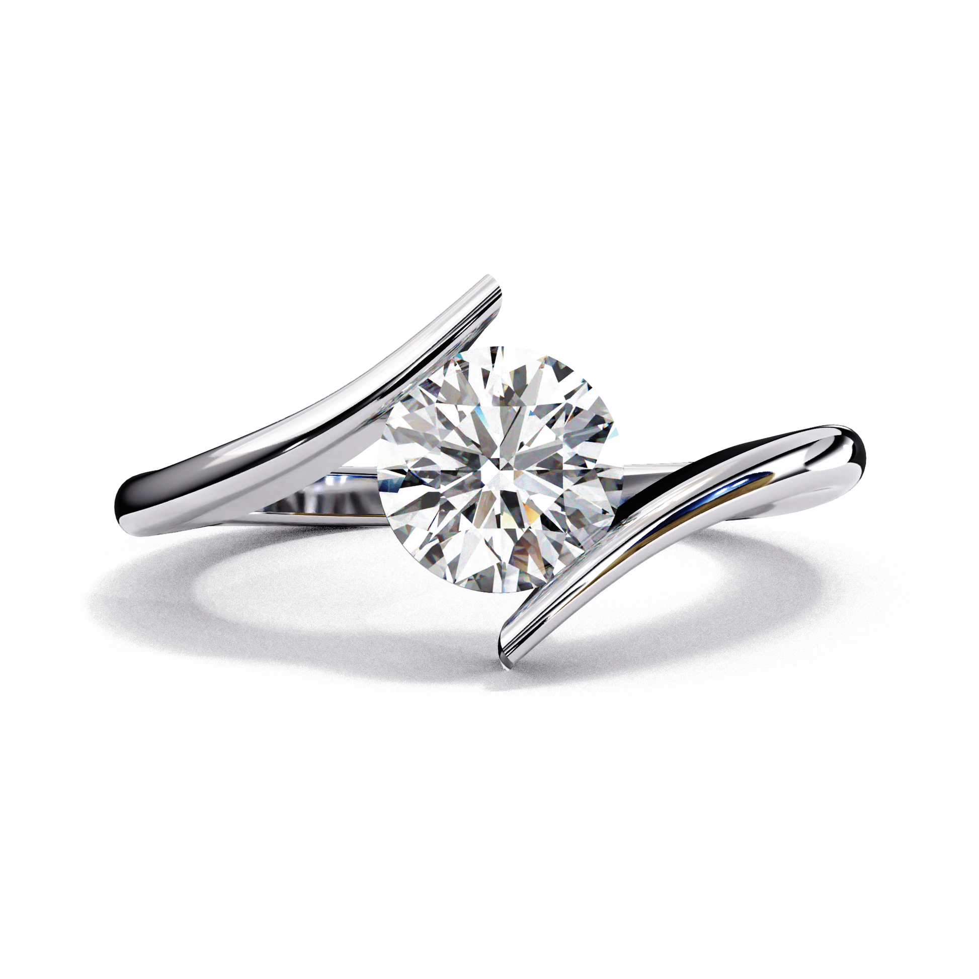 Portia — Round cut lab grown and natural diamond engagement ring — bezel, solitaire, bypass shank — 18k white gold and platinum — Carat House