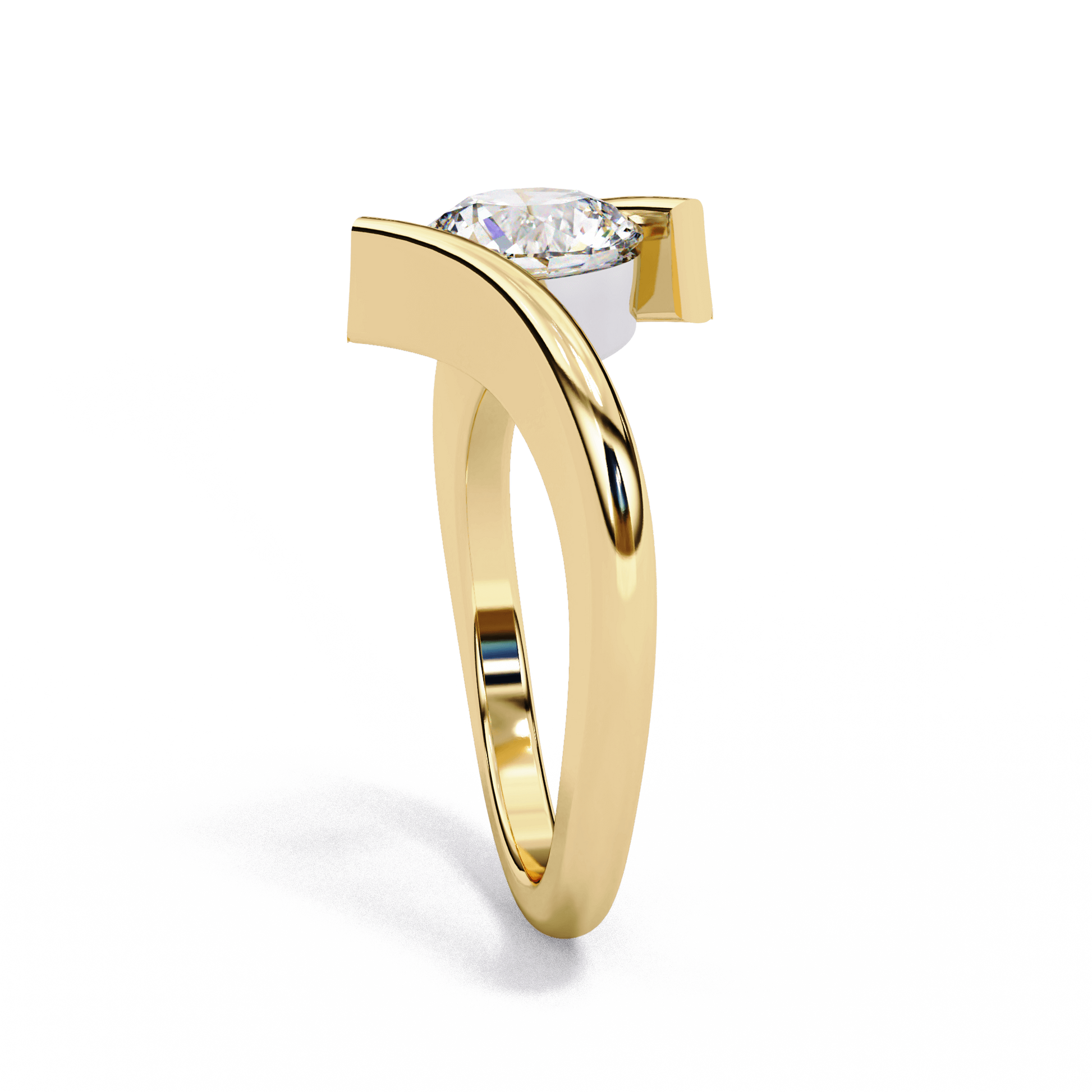 Portia — Round cut lab grown and natural diamond engagement ring — bezel, solitaire, bypass shank — Carat House